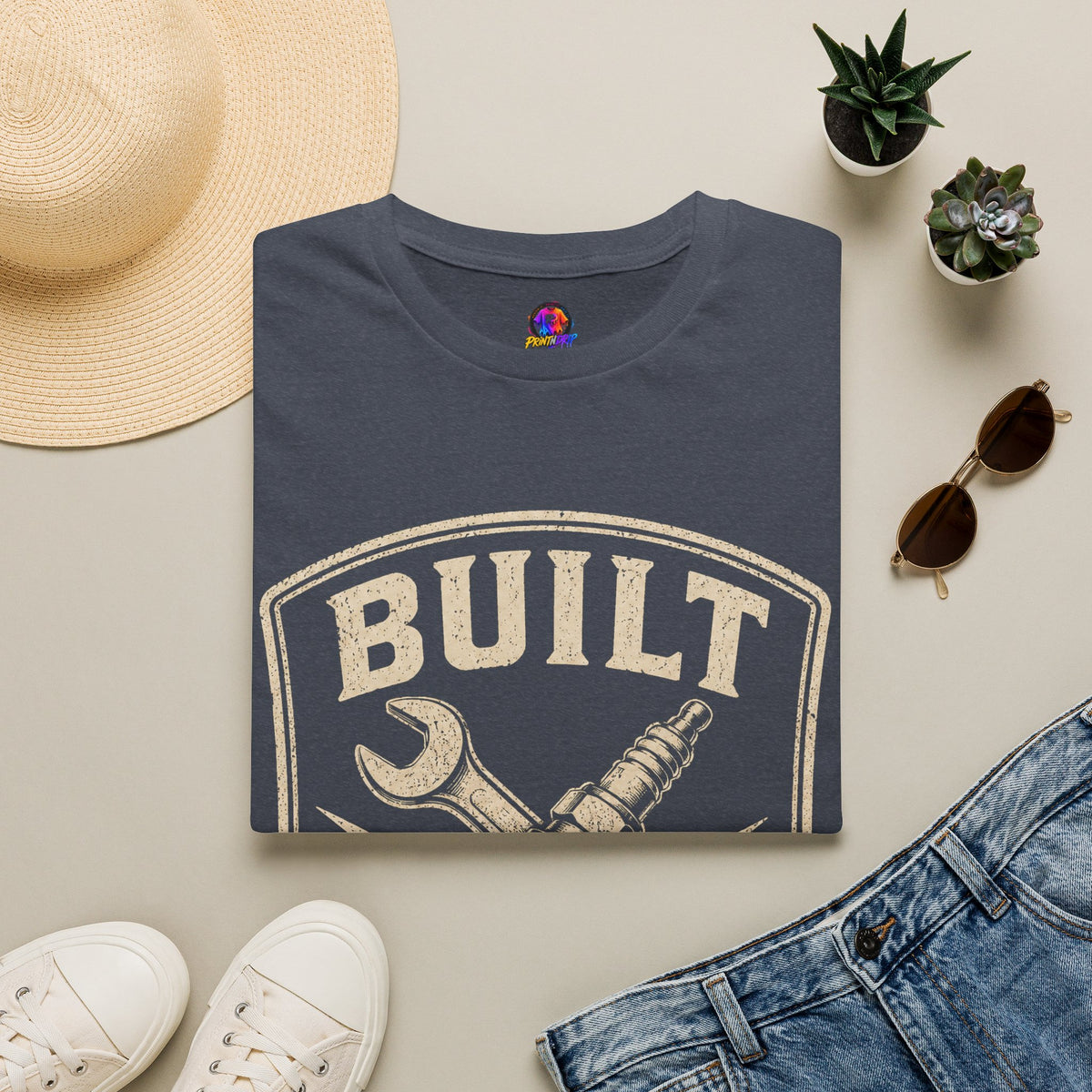 Built Not Bought T-Shirt — Vintage Mechanic Wrench & Spark Plug Design