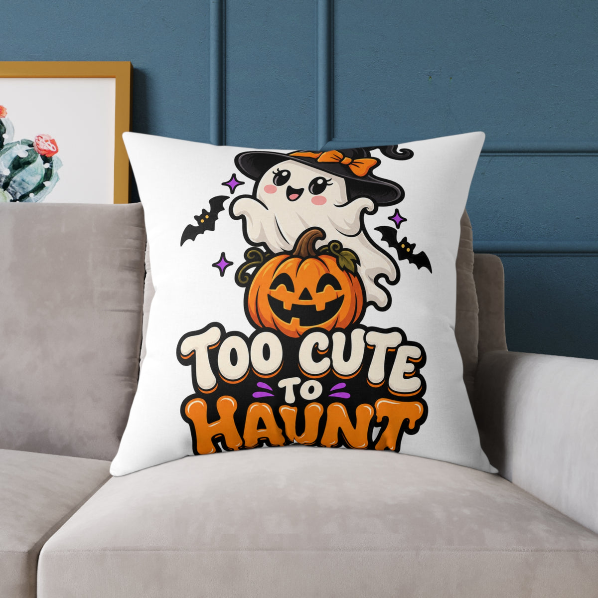 Halloween Ghost Pillow — "Too Cute to Haunt" Cute Pumpkin Decor
