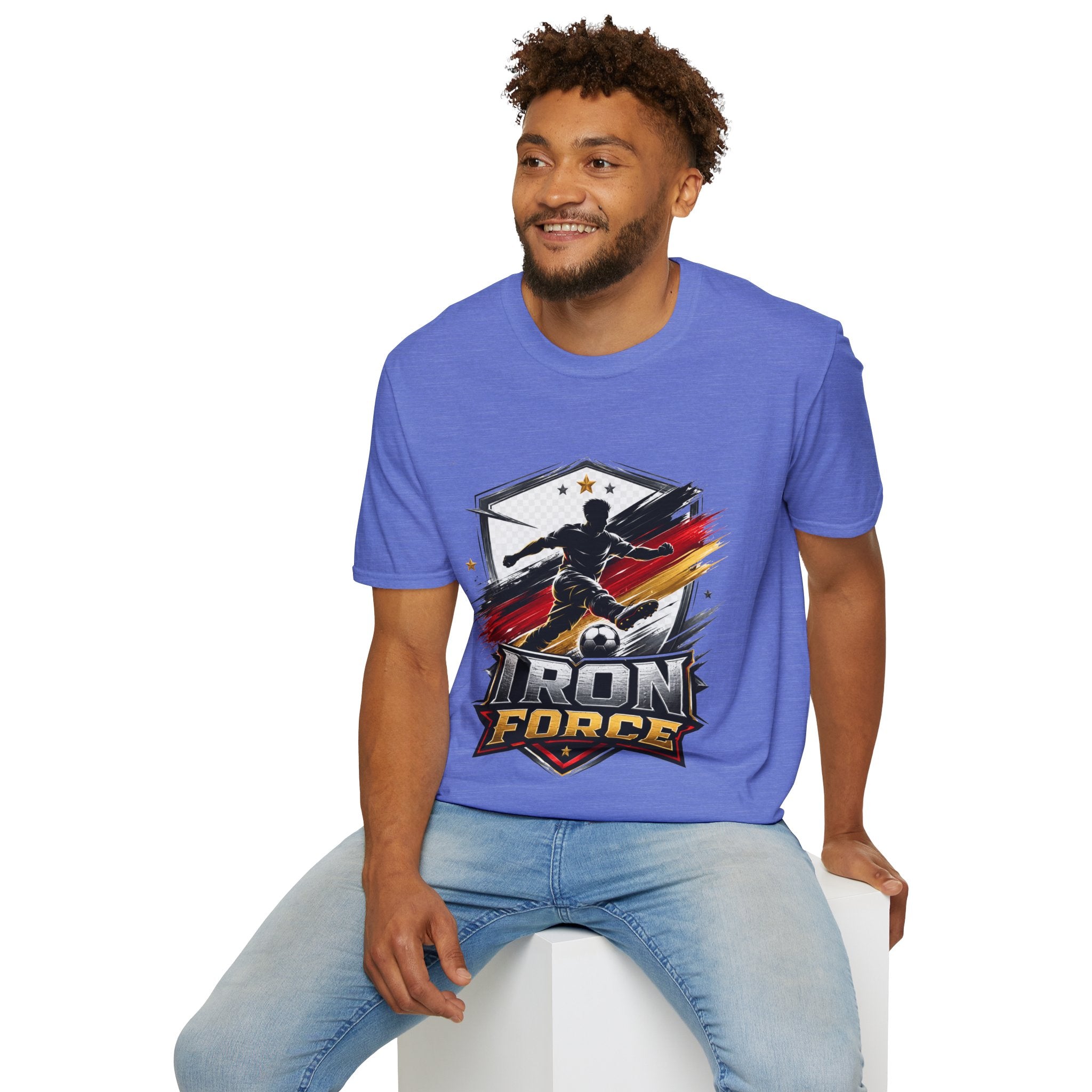Germany Soccer 'Iron Force' Graphic T-Shirt — Player Silhouette with Red & Gold Brushstroke Emblem