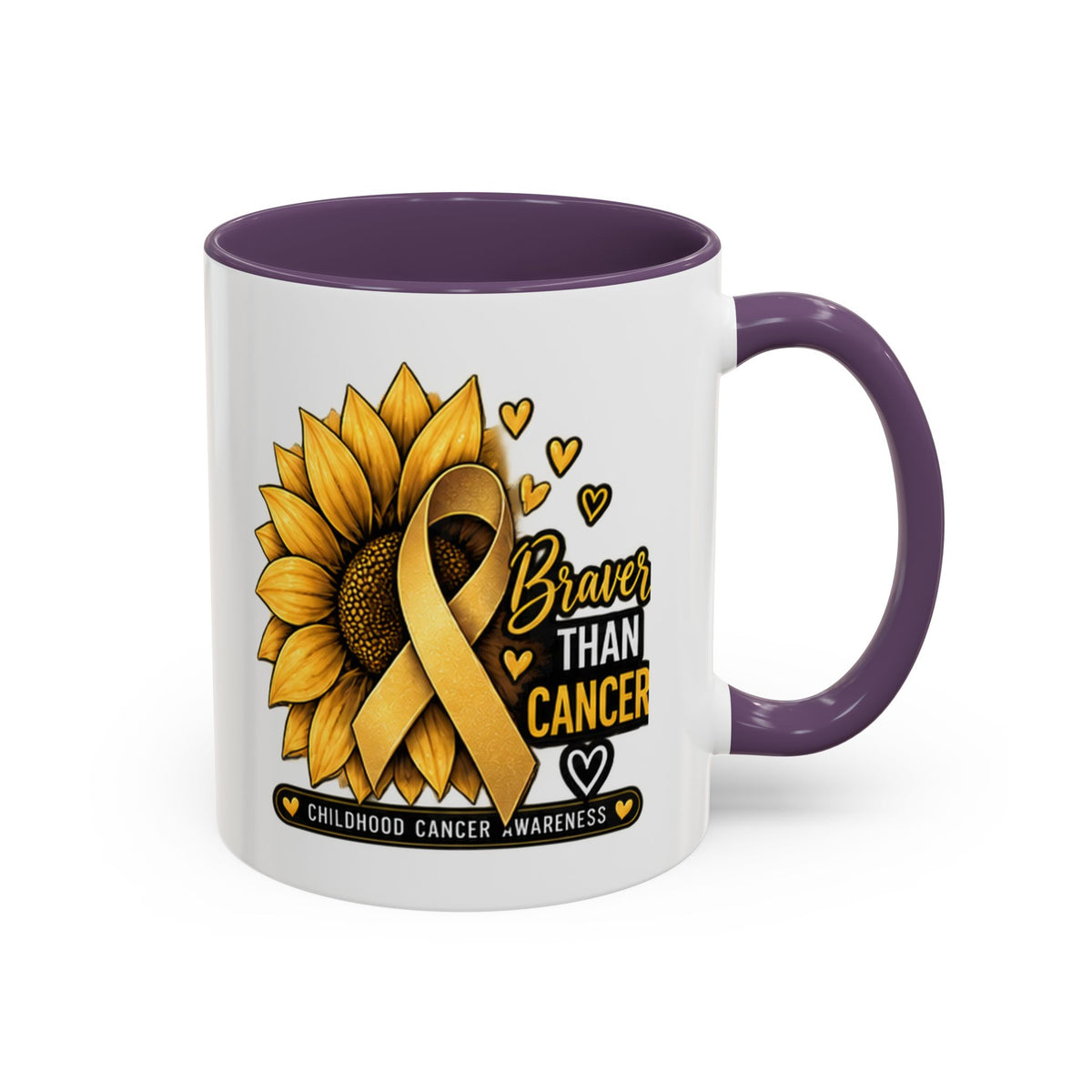 Childhood Cancer Awareness Mug — "Braver Than Cancer" Sunflower & Gold Ribbon