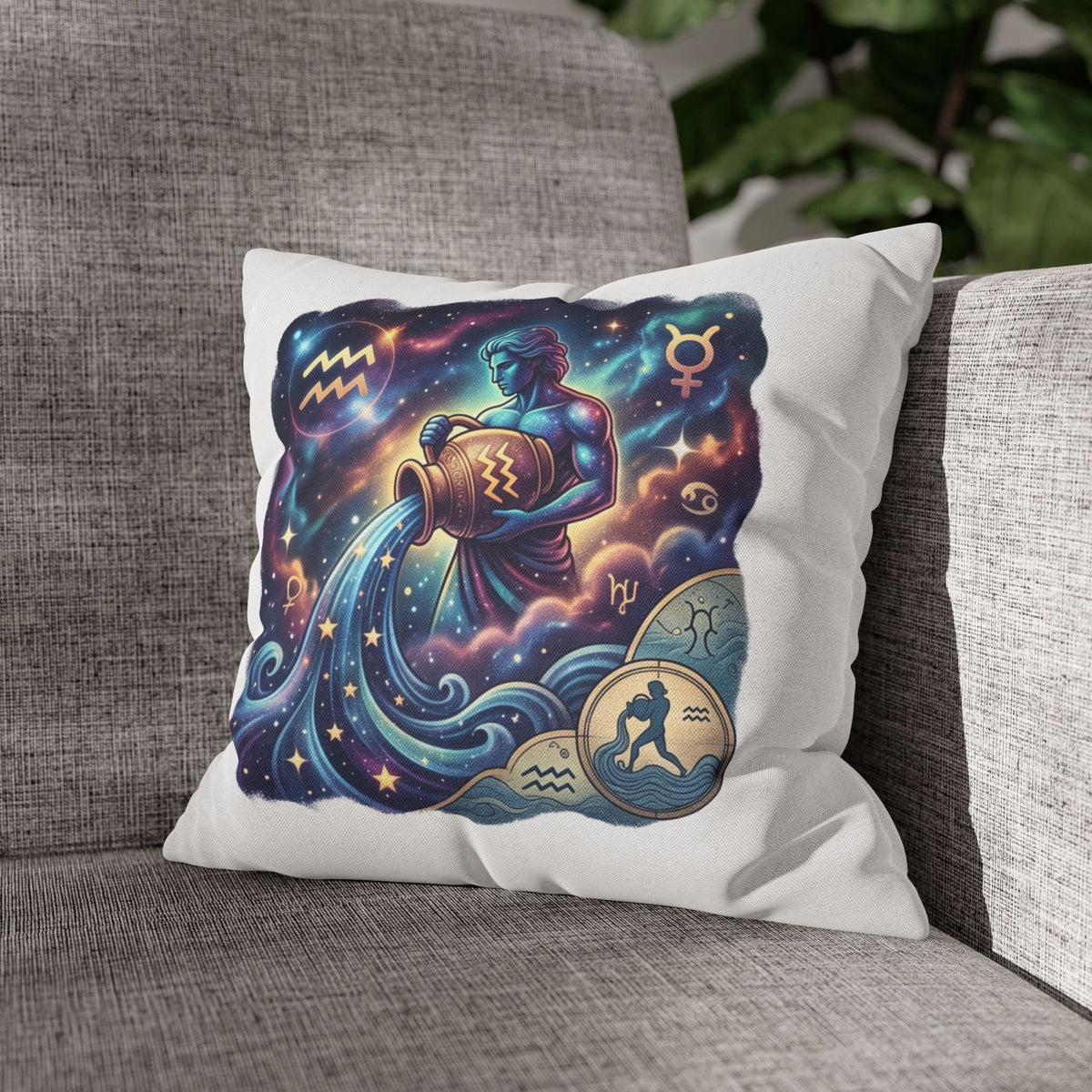 Aquarius Zodiac Pillowcase — Water Bearer Astrology Cushion Cover