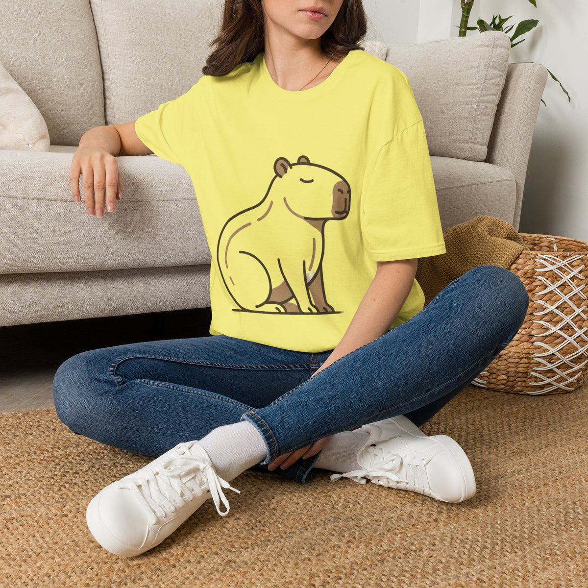 Cute Relaxed Capybara T-Shirt — Minimal Cartoon Capybara Graphic Tee
