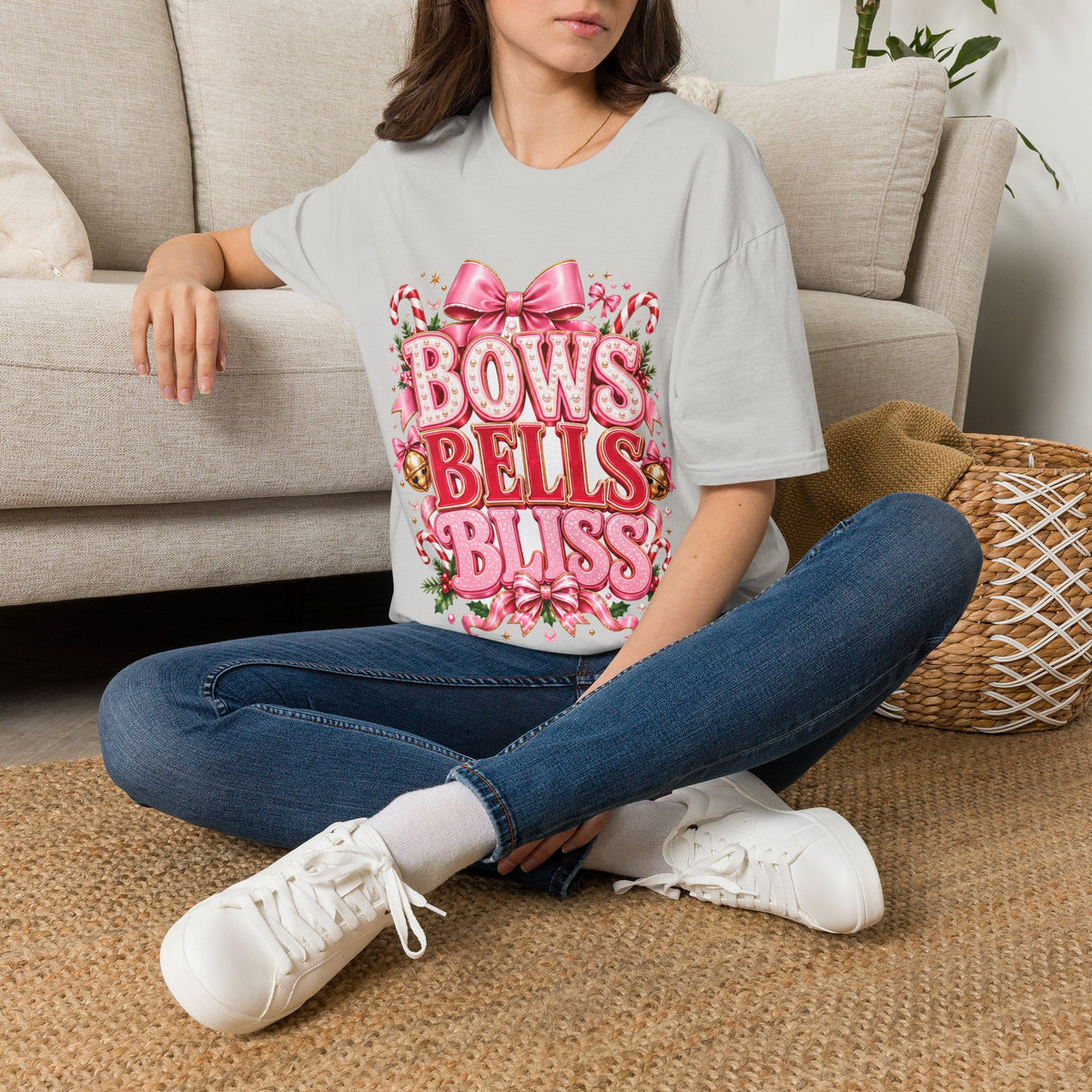 Bows Bells Bliss Christmas T‑Shirt — Pink Holiday Bow Graphic