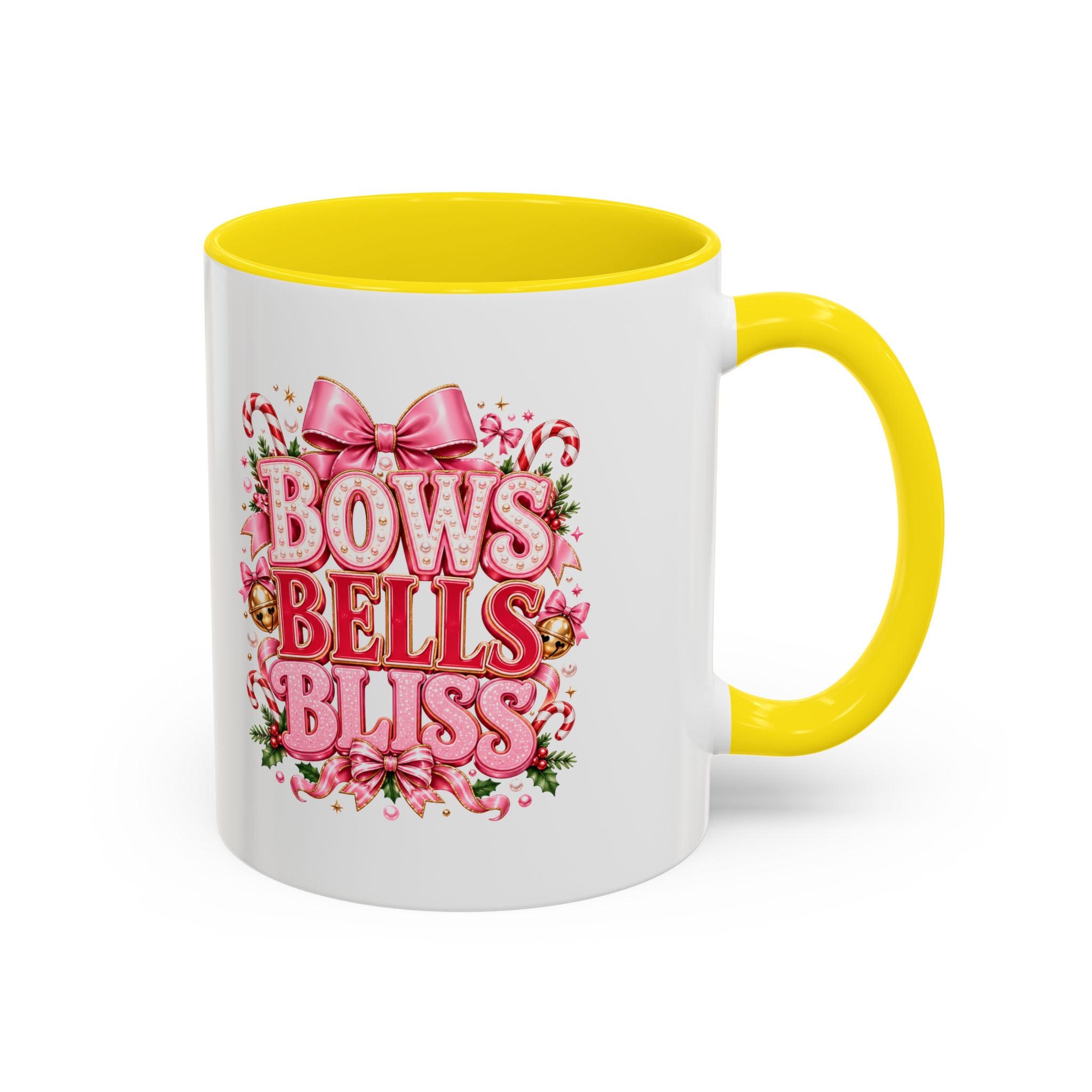 Modern Day Christmas Bows Bells Bliss Coffee Mug — Pink Holiday Accent Mug