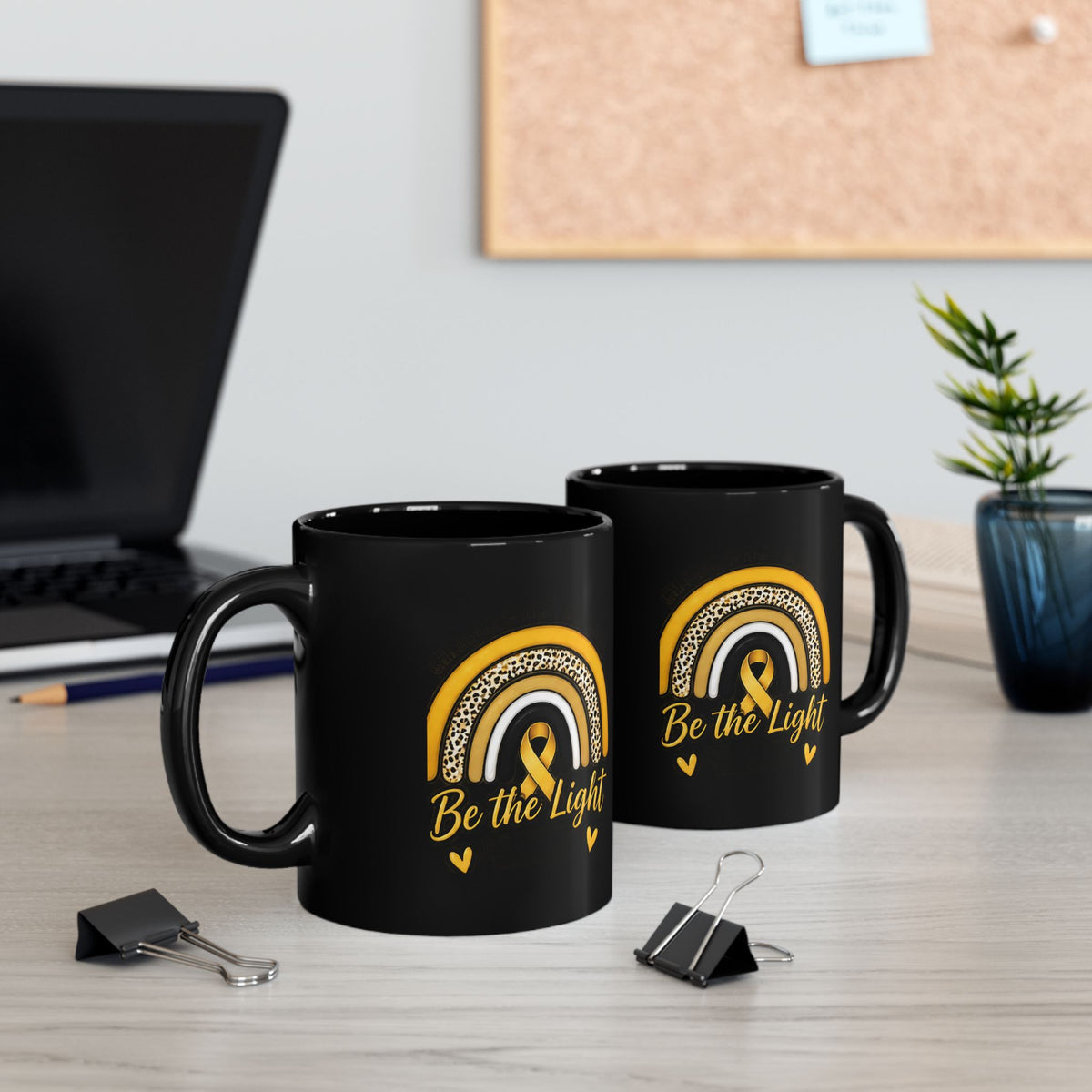 Be The Light Black Mug — Inspirational Rainbow Ribbon Childhood Cancer Awareness Coffee Cup (11oz & 15oz)