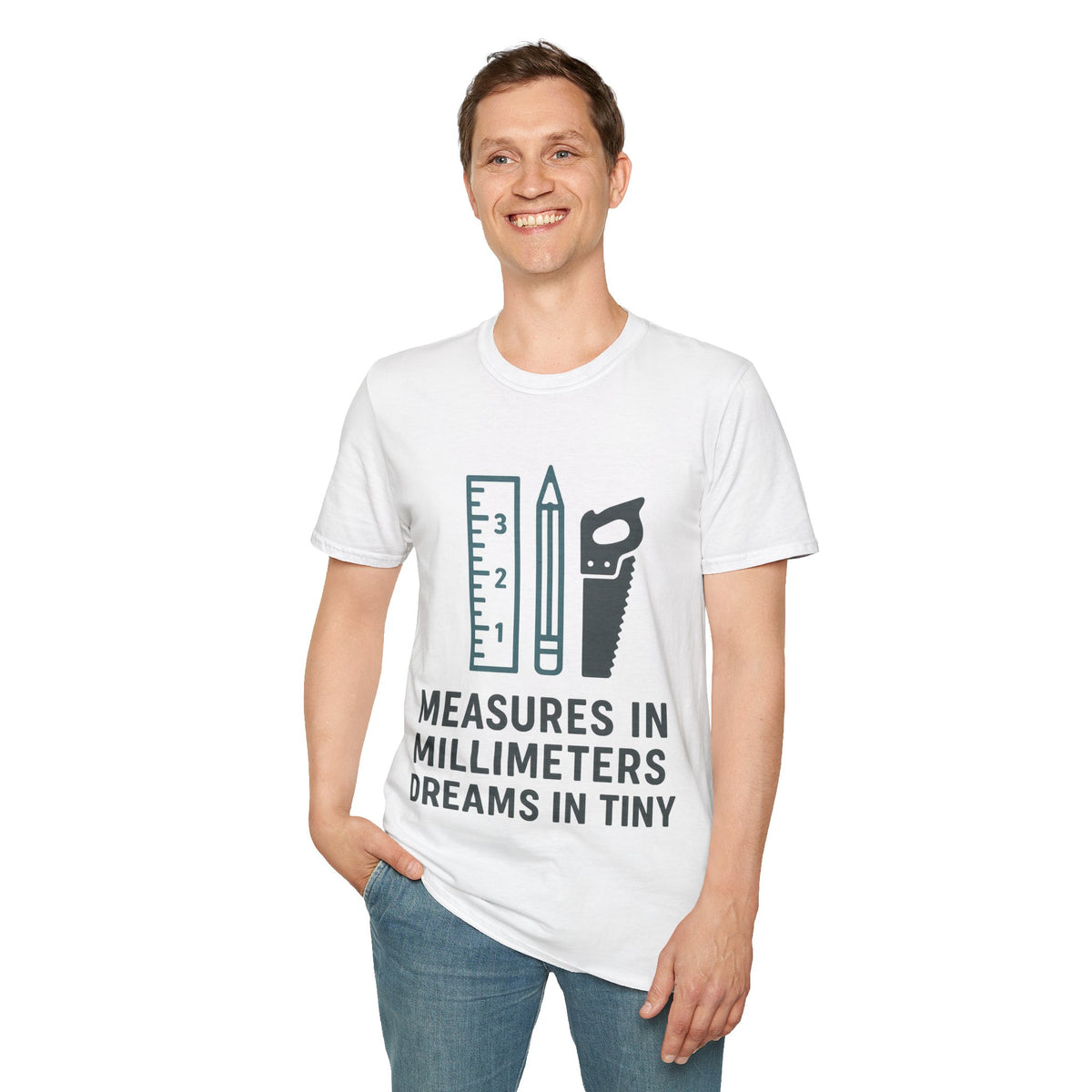 "Measures In Millimeters Dreams In Tiny" Miniature Maker Tee - Minimalist Model Builder Crafting White T-Shirt - Trending Now - September 2026