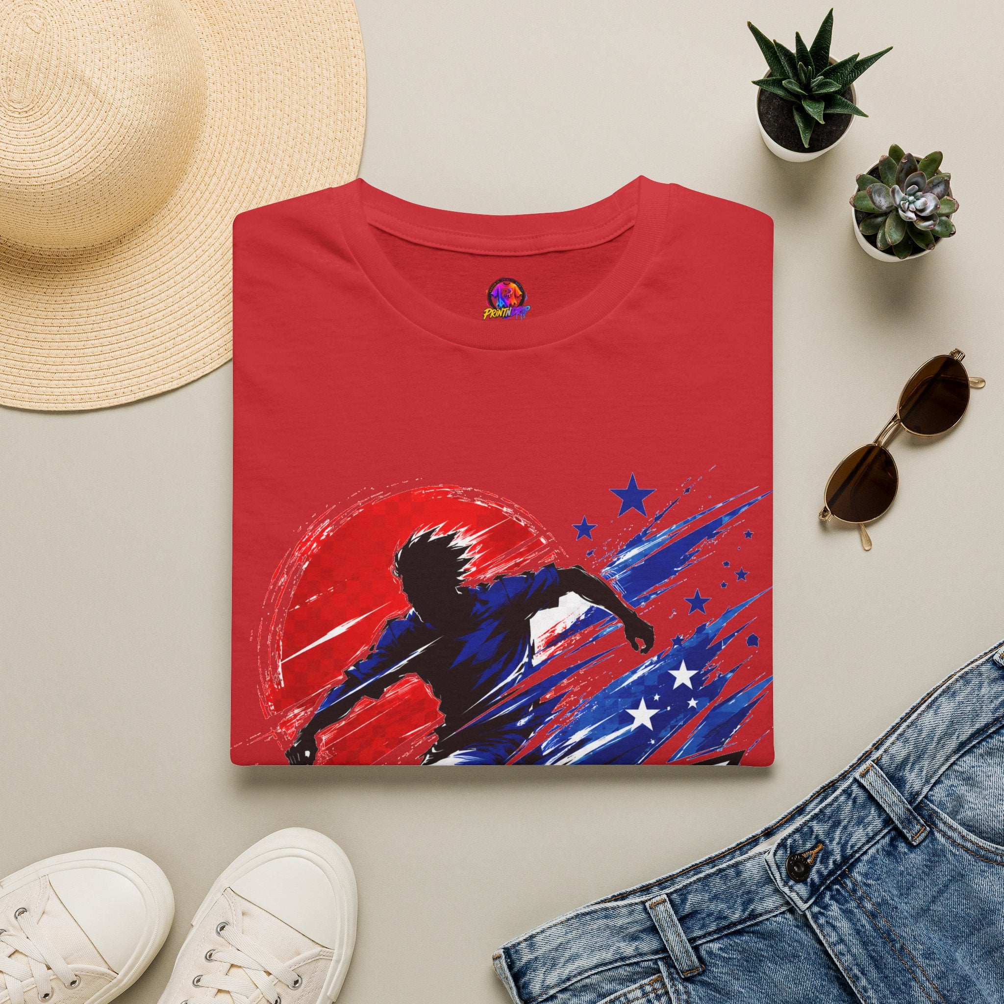 Japan T-Shirt — Blue Blade Soccer Graphic Tee (Red & Blue Starburst)