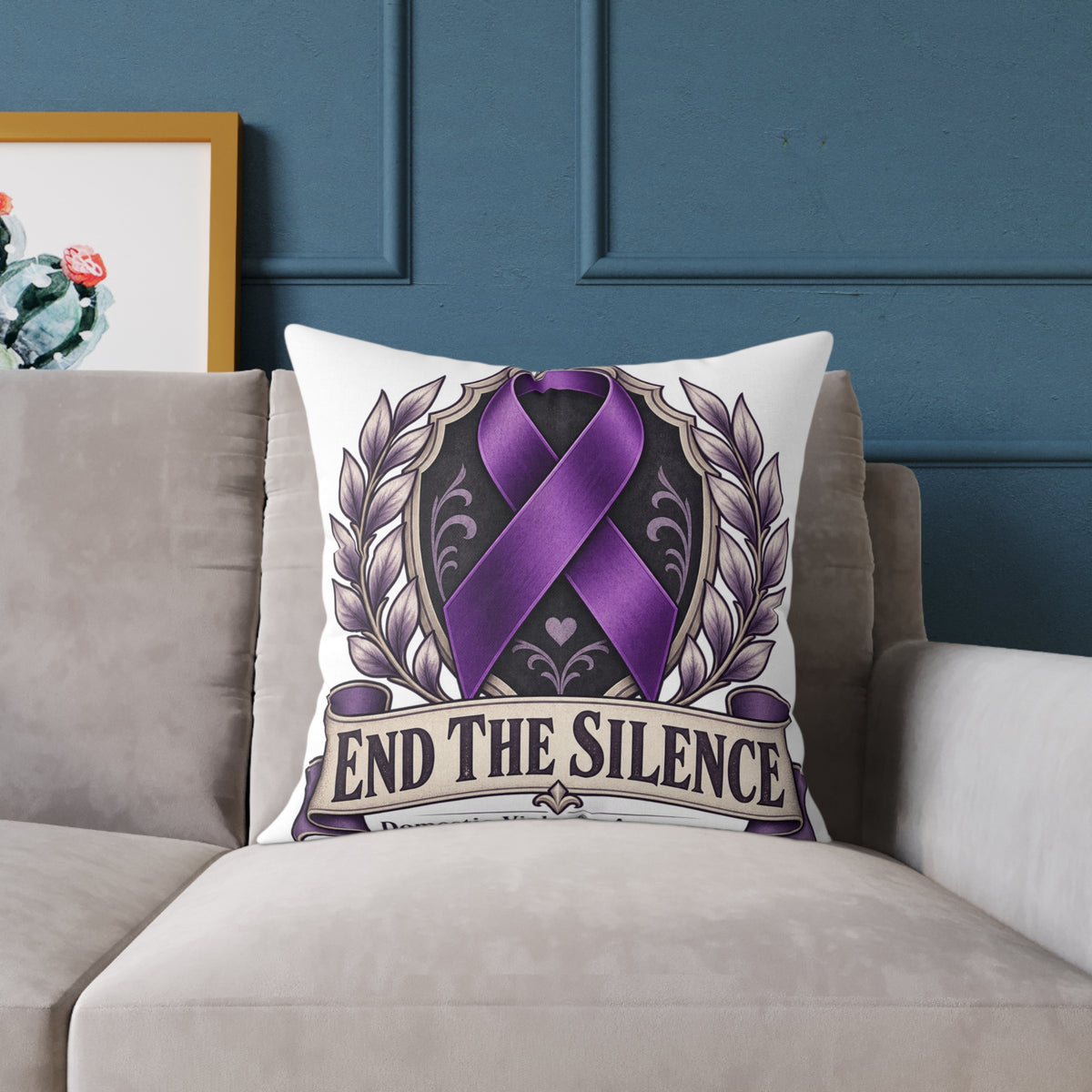 End the Silence Purple Ribbon Square Pillow - Domestic Violence Awareness Throw Pillow