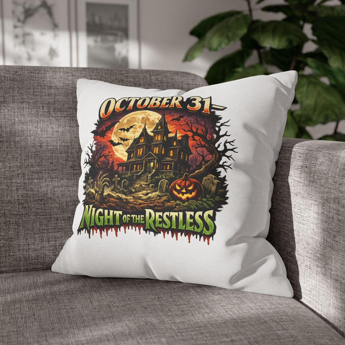 Halloween Pillowcase - "October 31 Night of the Restless" Haunted House Decorative Square Pillow Cover