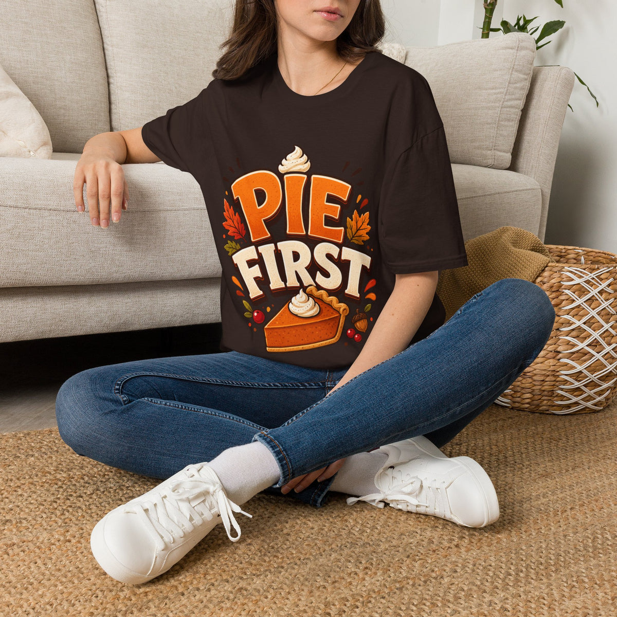 Thanksgiving T-Shirt Pie First T-Shirt — Funny Thanksgiving Pumpkin Pie Graphic Tee