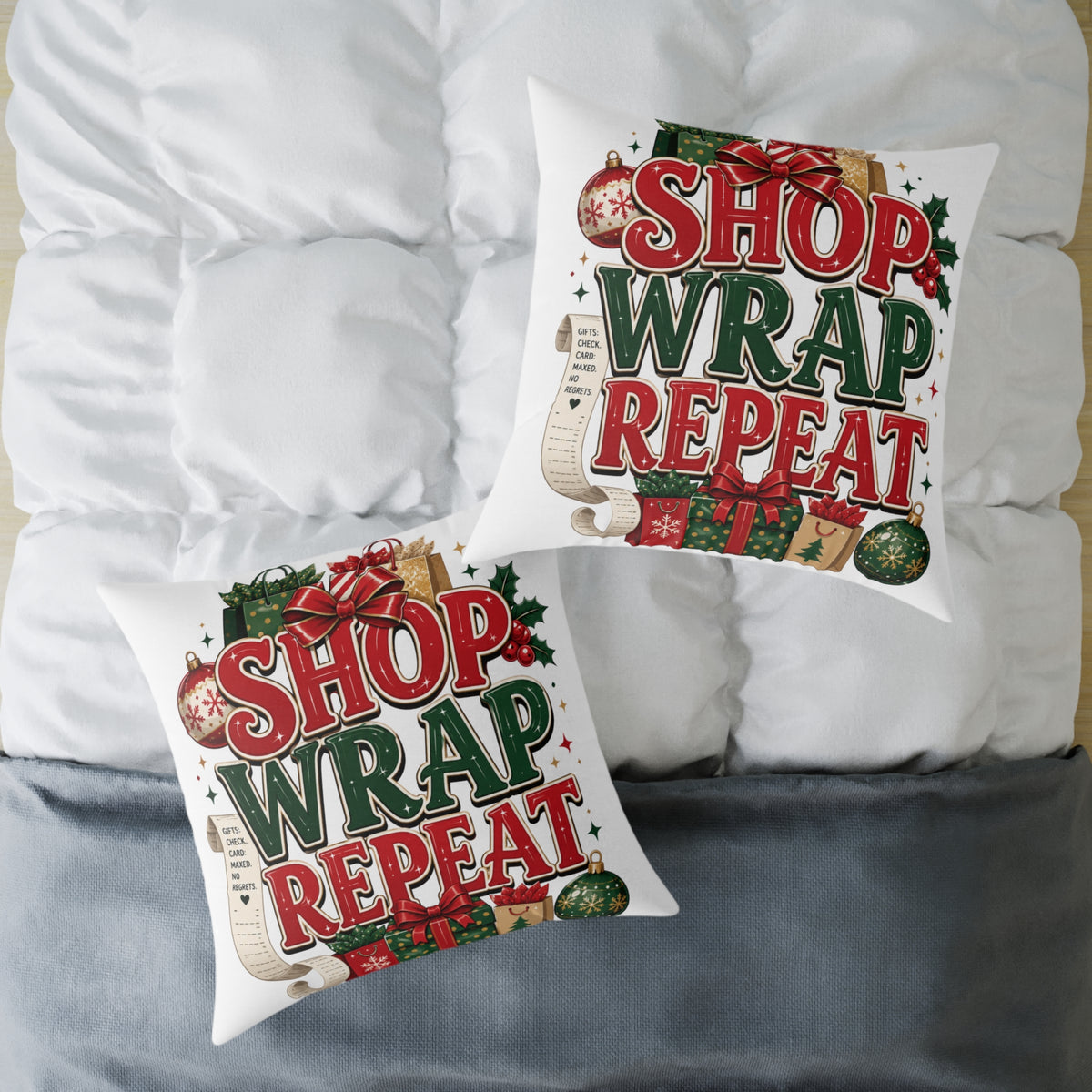 Christmas Square Pillow - 'Shop Wrap Repeat' Christmas Holiday Decorative Throw Pillow