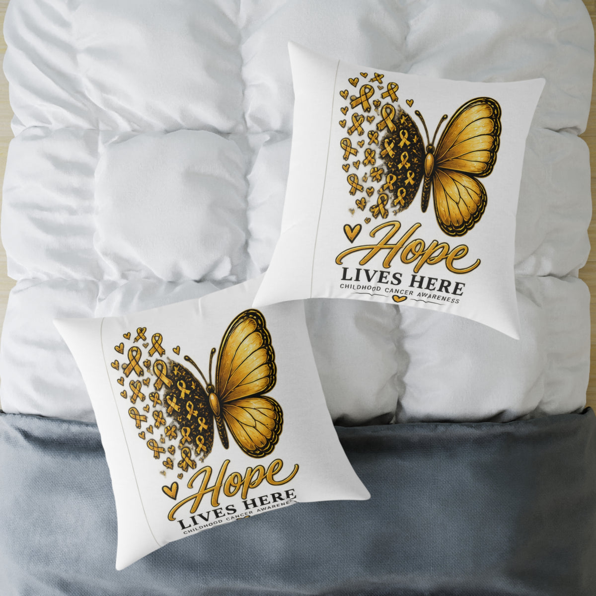 Childhood Cancer Hope Lives Here Butterfly Pillow — Gold Awareness Ribbon Accent
