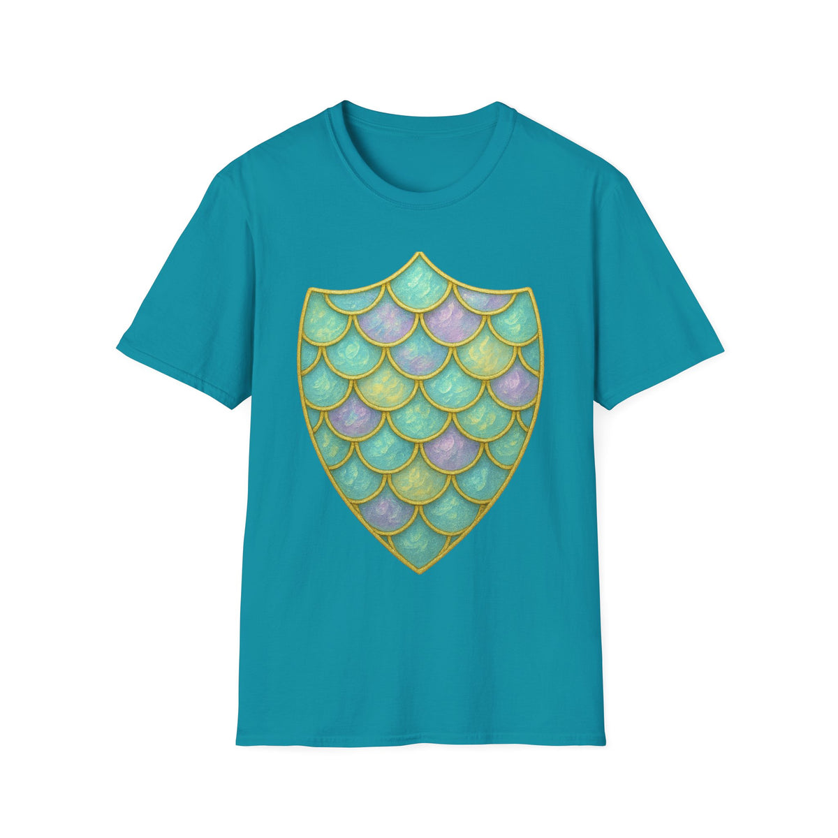Mermaid Scale Shield T-Shirt — Iridescent Aquamarine Graphic Tee - Trending Now - September 2026