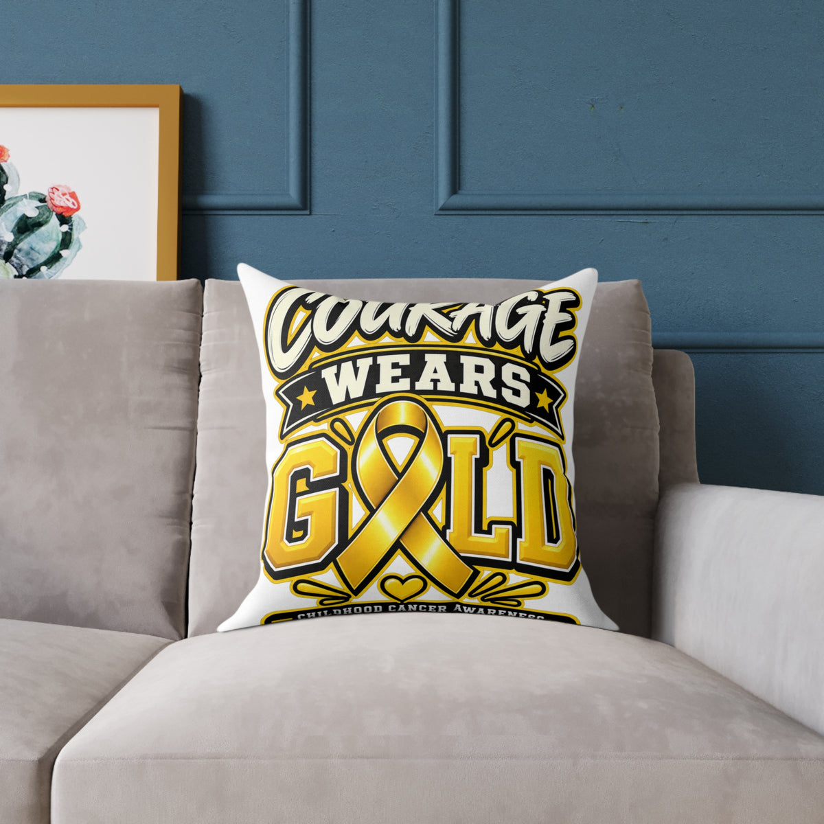 Courage Wears Gold Pillow — Childhood Cancer Awareness Throw Pillow