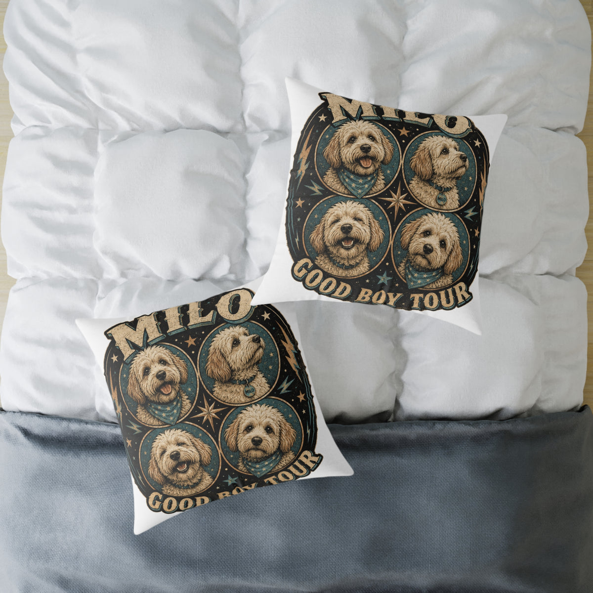 Personalized Dog Pillow  Milo Bailey Dog Dad Mom— 'Milo' Retro Pet Portrait Cushion (Good Boy Tour Design)