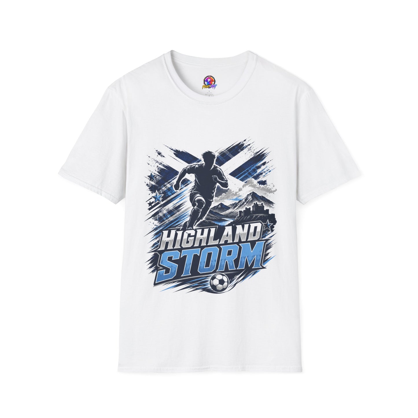 Scotland Highland Storm Soccer T-Shirt — Mountain Soccer Player Graphic Tee