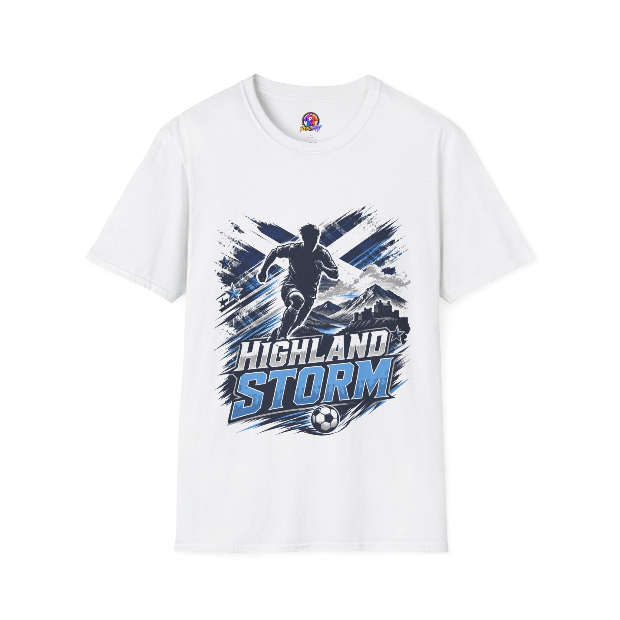 Scotland Highland Storm Soccer T-Shirt — Mountain Soccer Player Graphic Tee