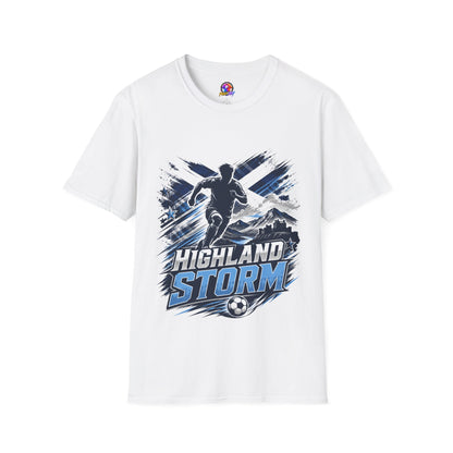 Scotland Highland Storm Soccer T-Shirt — Mountain Soccer Player Graphic Tee
