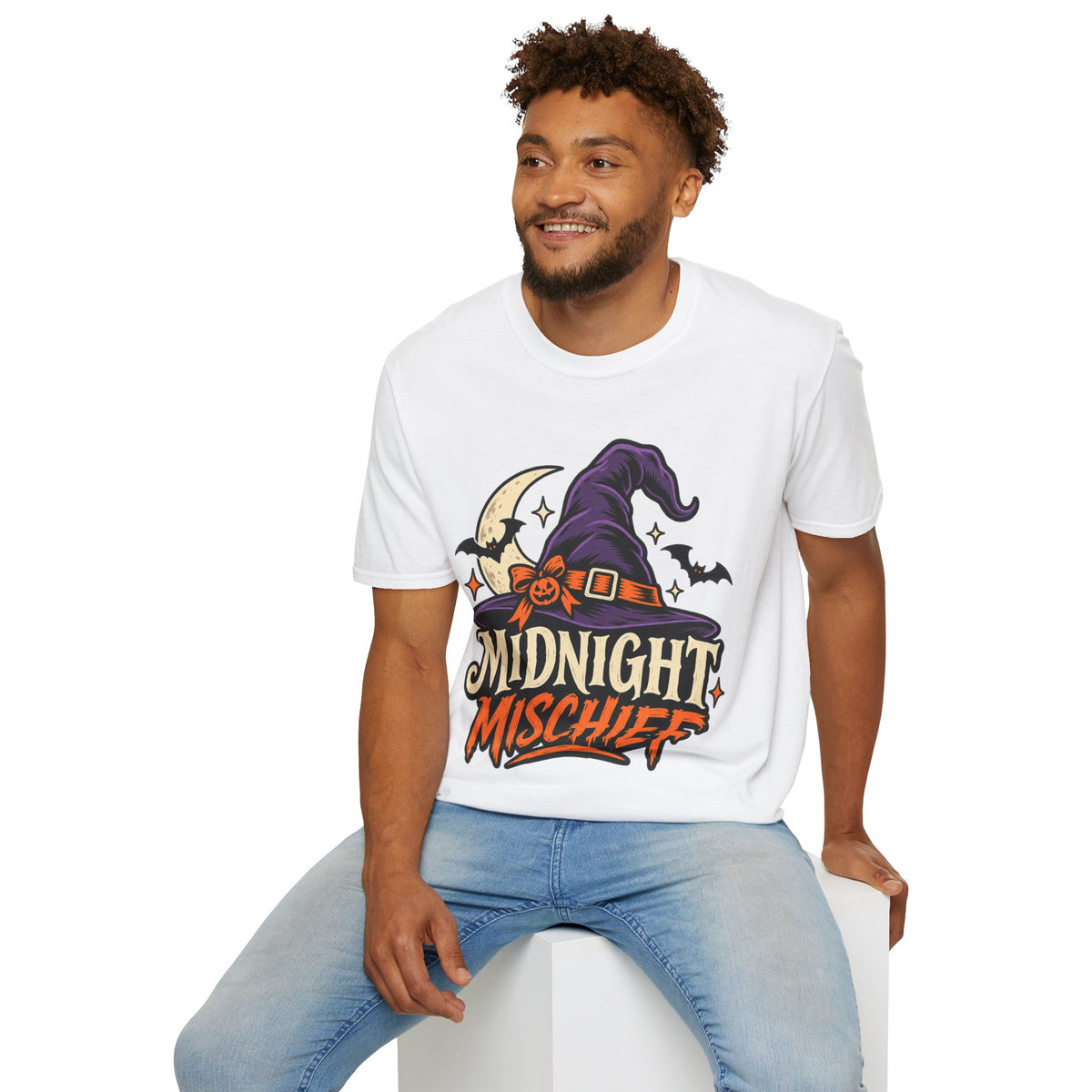 Midnight Mischief Halloween T-Shirt — Witch Hat & Bats Graphic