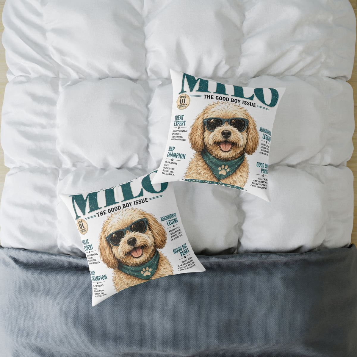 Milo 'The Good Boy Issue' Square Throw Pillow - Milo Bailey Dog Dad Mom Cute Dog Magazine Cover Decor