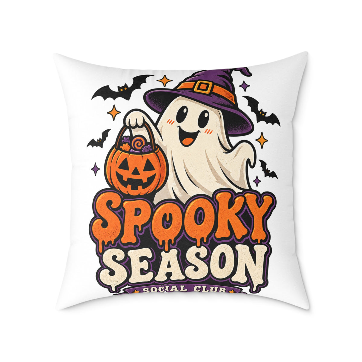 Spooky Season Halloween Pillow - Cute Ghost & Pumpkin Square Throw Pillow