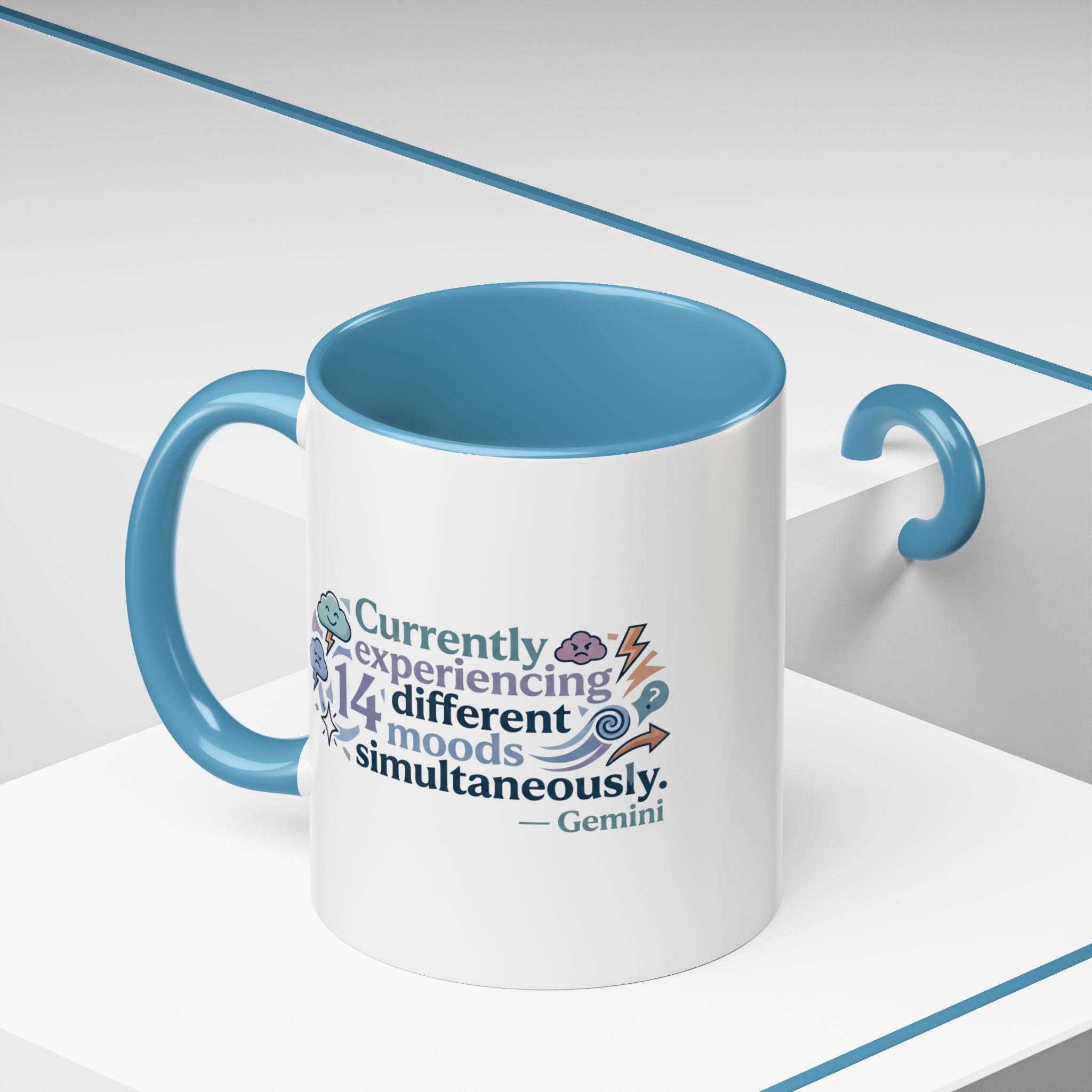 Gemini Mood Coffee Mug — "Currently Experiencing 14 Different Moods" Accent Ceramic Mug