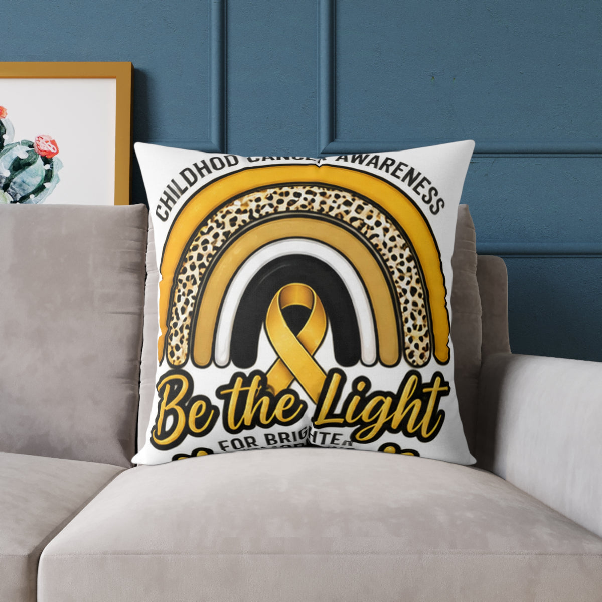 Childhood Cancer Awareness Pillow – "Be the Light" Gold Ribbon Square Pillow