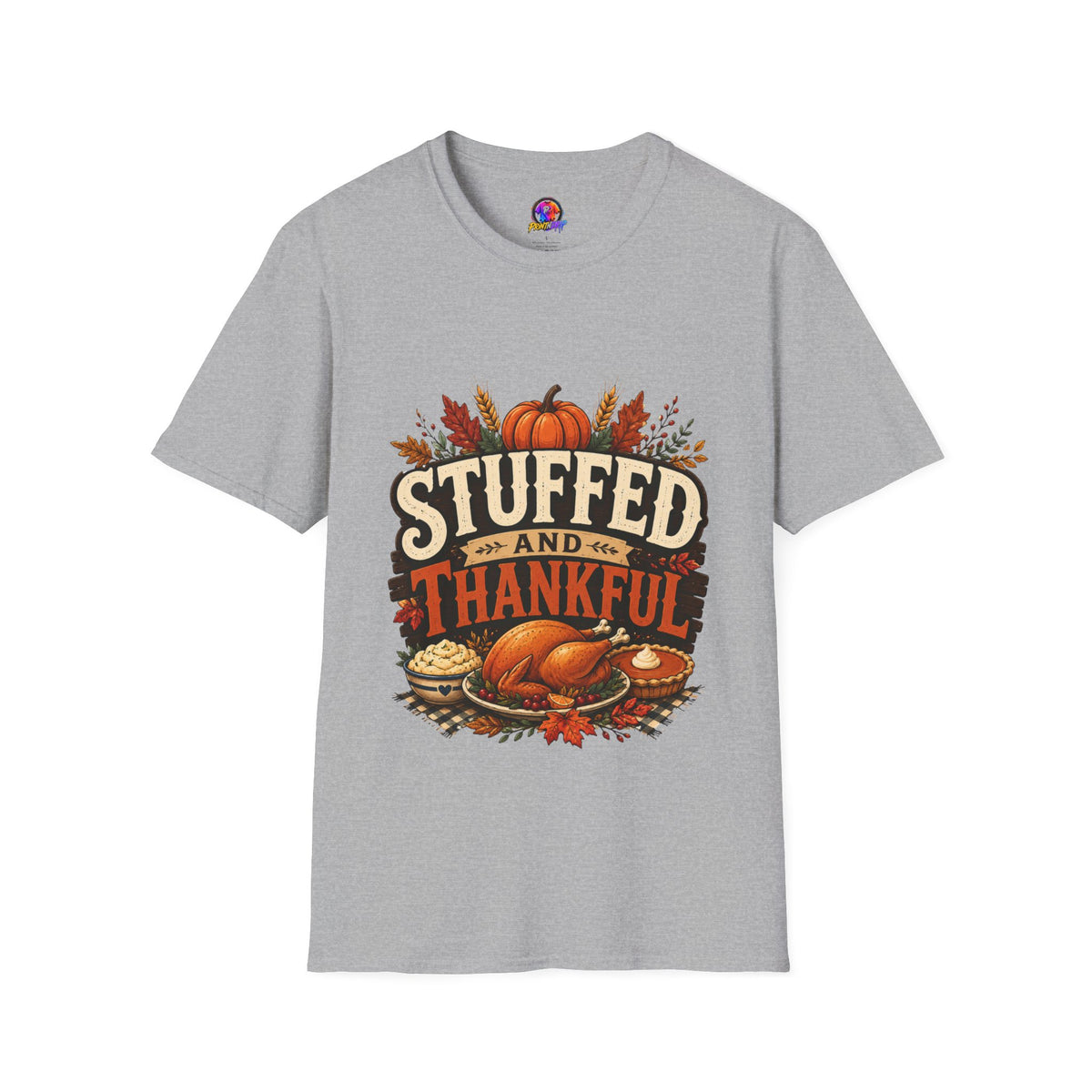 Thanksgiving T-Shirt Stuffed and Thankful T-Shirt — Thanksgiving Pumpkin Fall Graphic Tee
