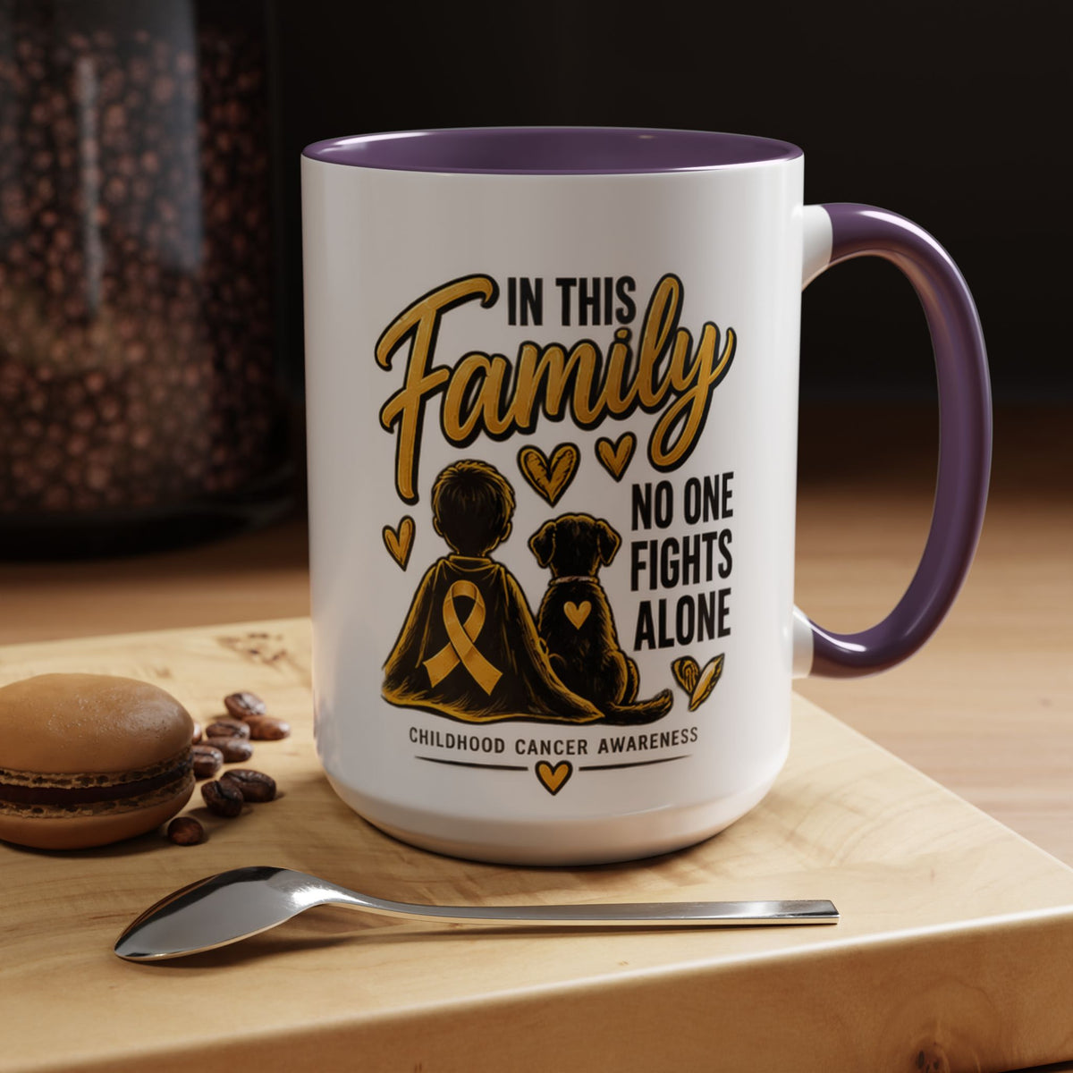 Childhood Cancer Awareness Accent Coffee Mug – "In This Family No One Fights Alone" (11/15oz)