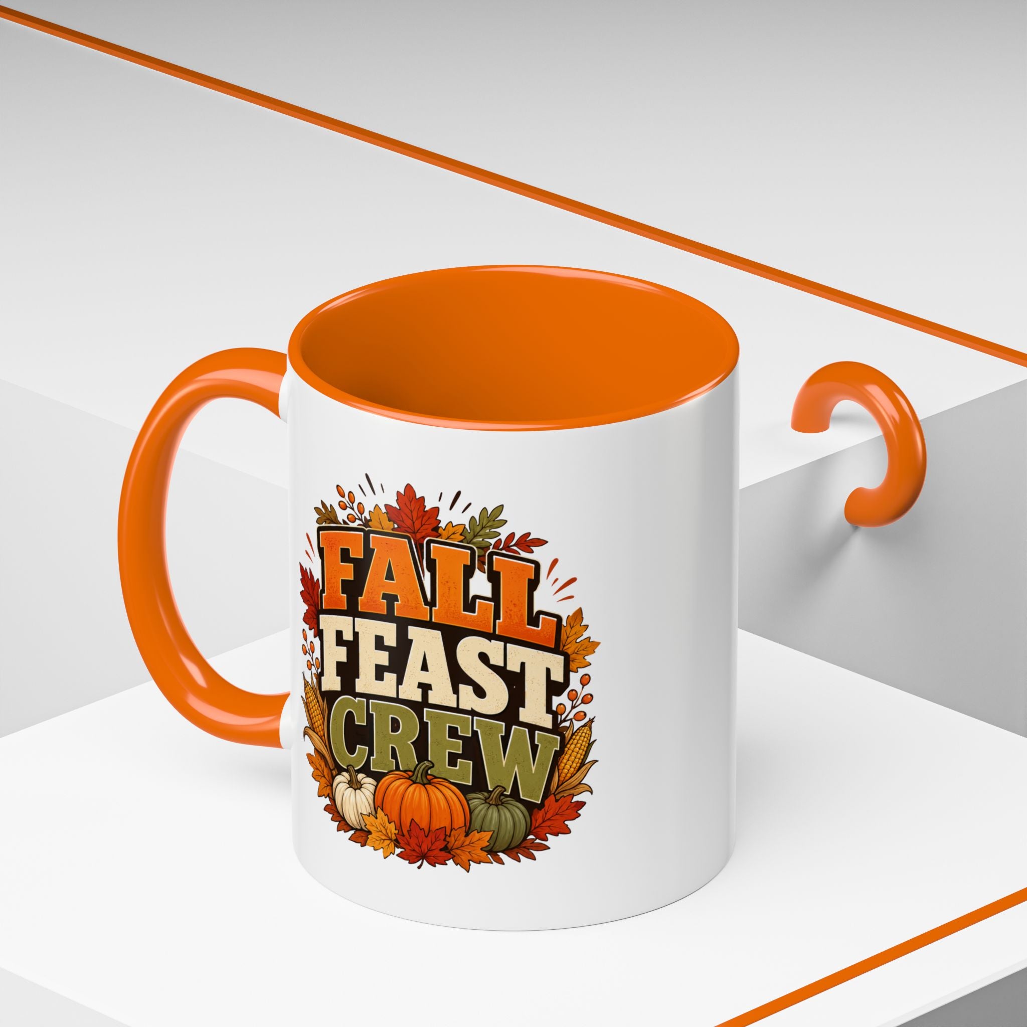 Thanksgiving Mug Fall Feast Crew Coffee Mug — Thanksgiving Pumpkin Autumn Leaves Accent Mug