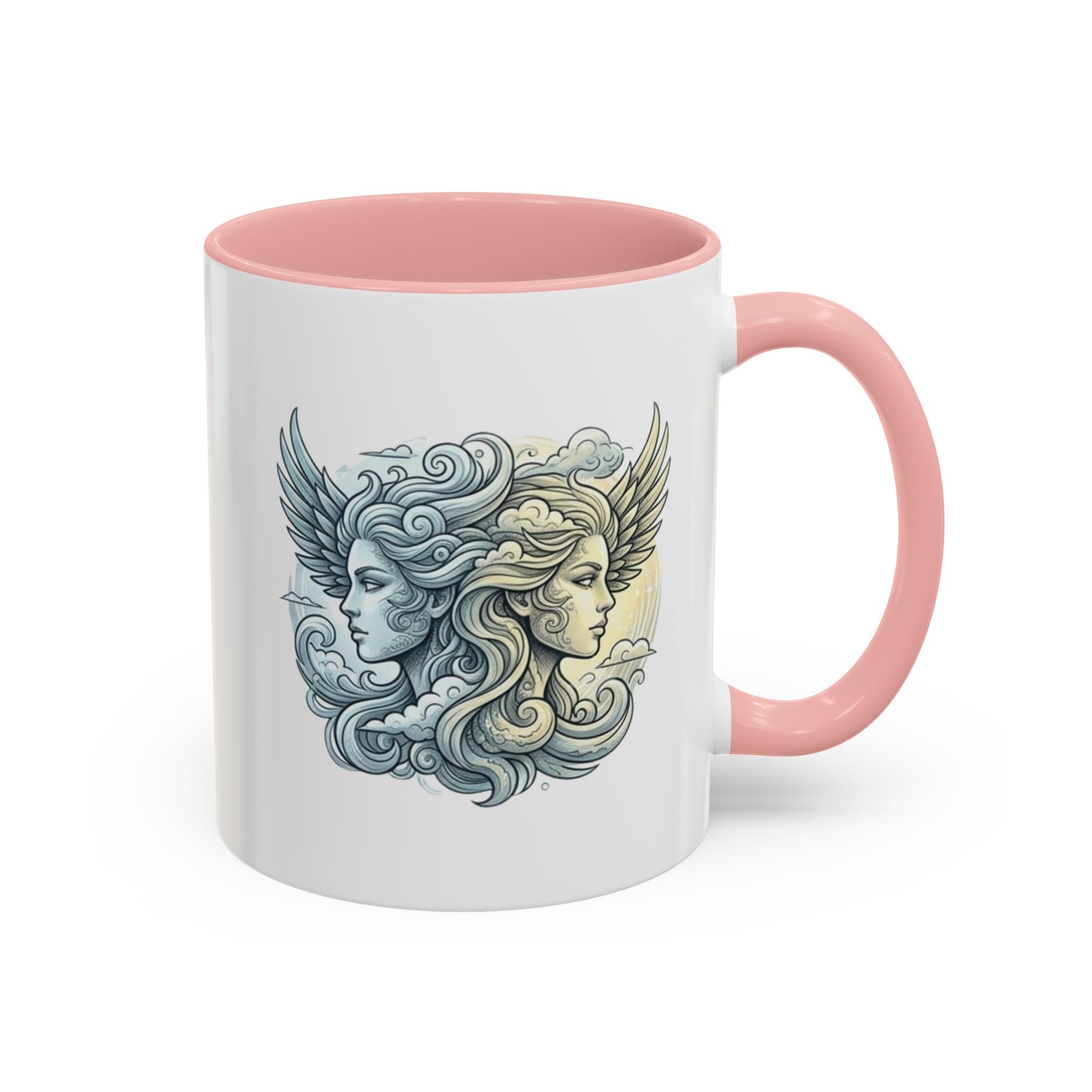 Gemini Twins Accent Coffee Mug — Sun & Moon Winged Faces Illustration