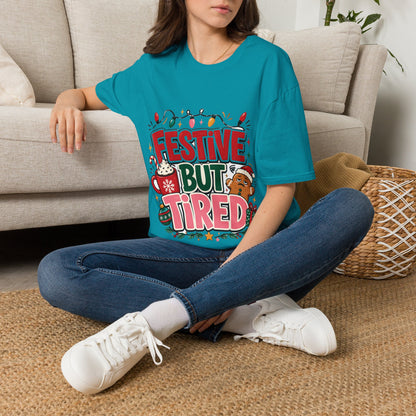 Festive But Tired T-Shirt — Holiday Christmas Crew Tee with Lights & Gingerbread