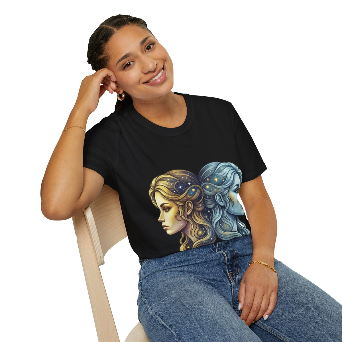 Zodiac Gemini Sun & Moon T-Shirt — Dual Faces Cosmic Design