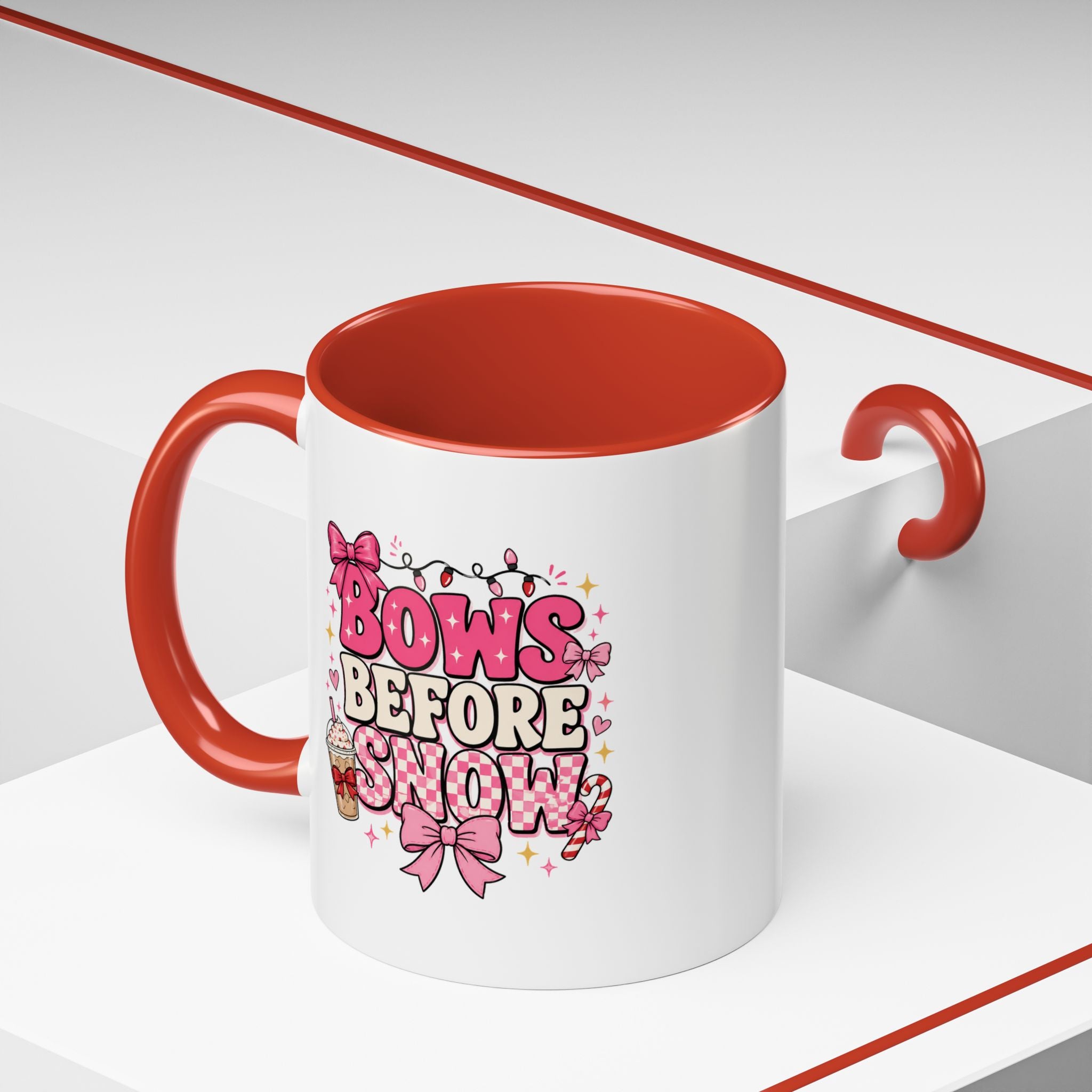 Modern Day Christmas Bows Before Snow Accent Coffee Mug — Cute Pink Holiday Hot Cocoa Design (11/15oz)
