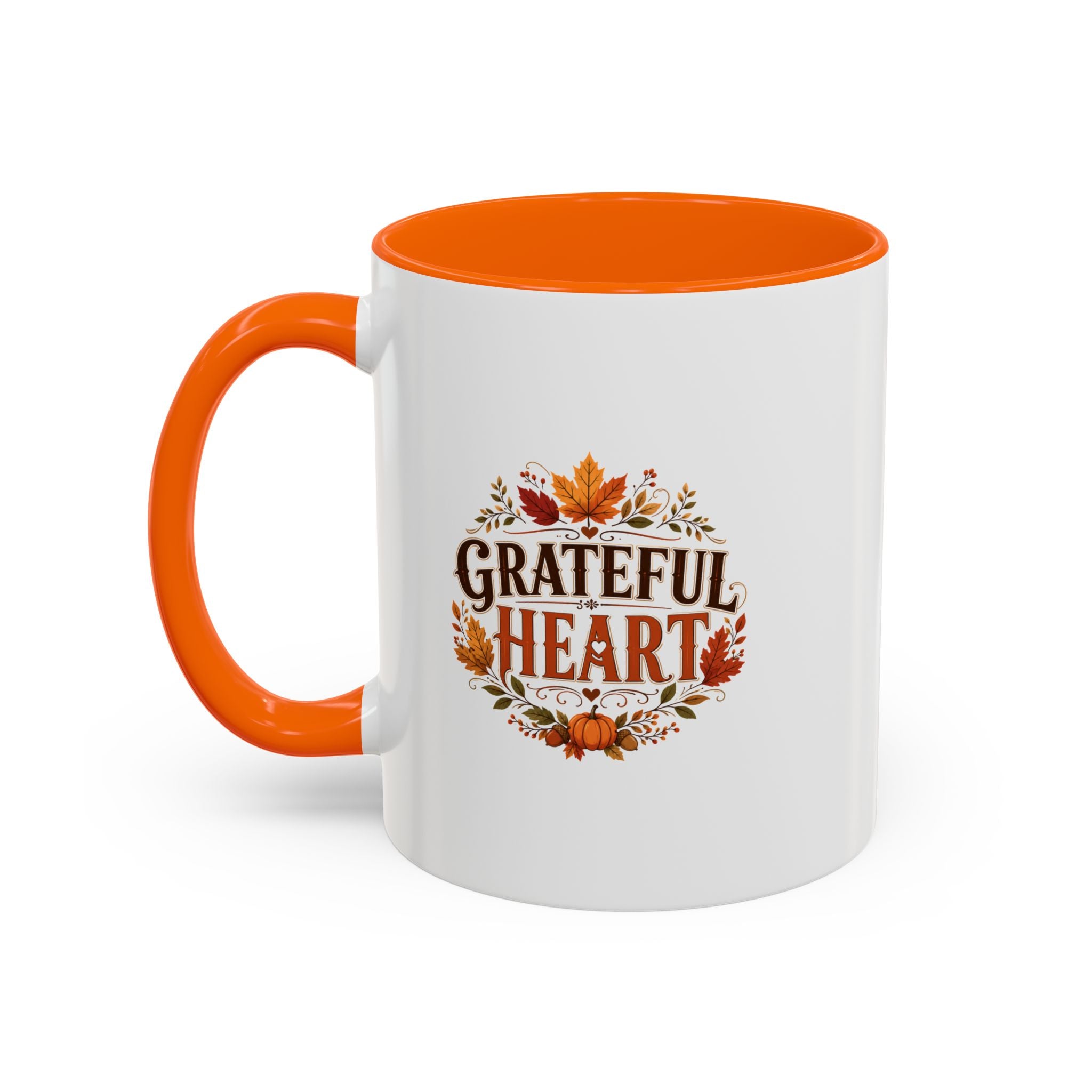 Thanksgiving Mug Grateful Heart Coffee Mug — Fall Leaves Pumpkin Accent Mug