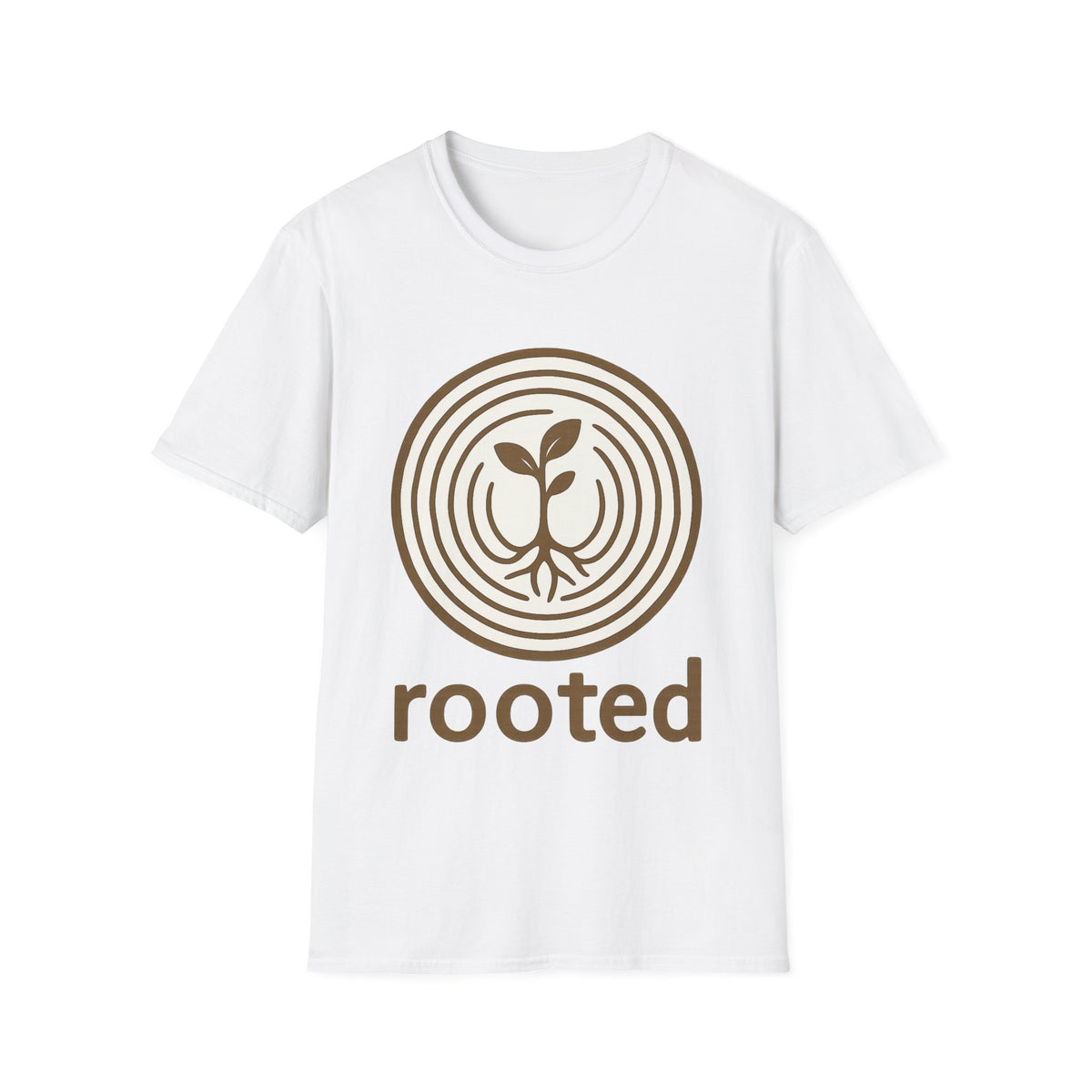 "Rooted" Retro Tree Ring Sapling Tee - Minimalist Earthy Growth Nature White T-Shirt - Trending Now - September 2026