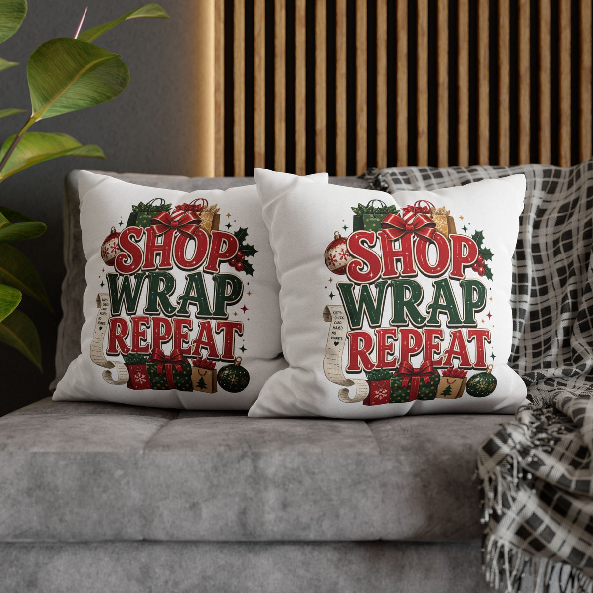 Shop Wrap Repeat Christmas Pillowcase — Holiday Decorative Throw Pillow Cover