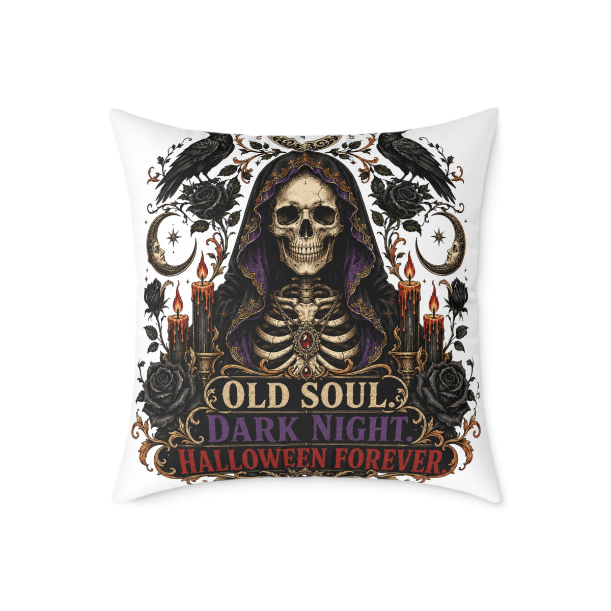 Halloween Skull Pillow — "Old Soul, Dark Night" Decorative Cushion