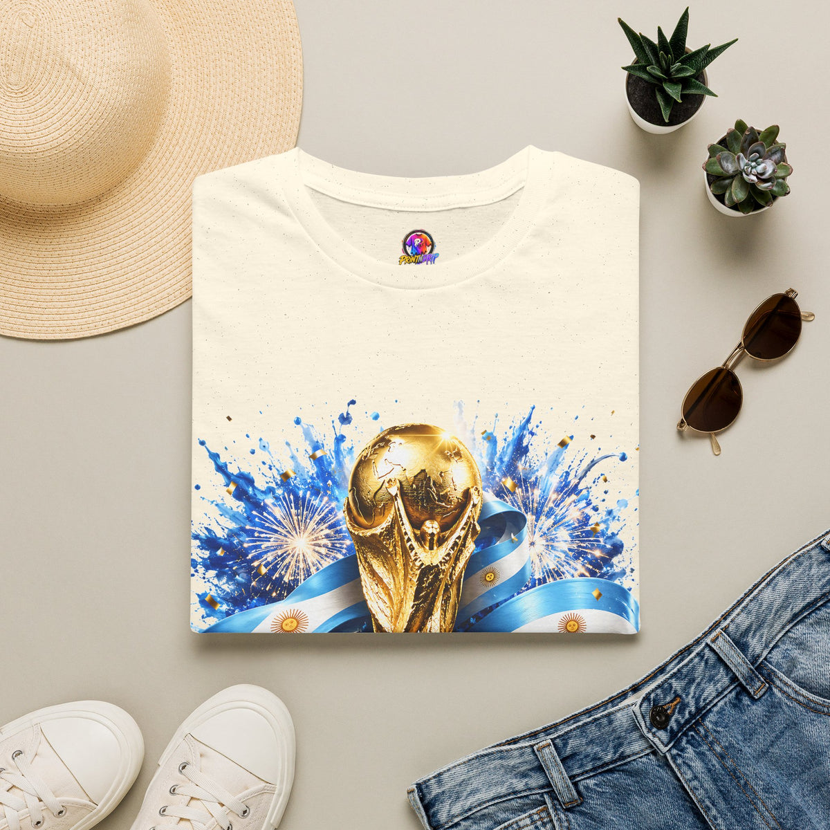Argentina World Cup Champions T-Shirt — Gold Trophy Celebration Tee