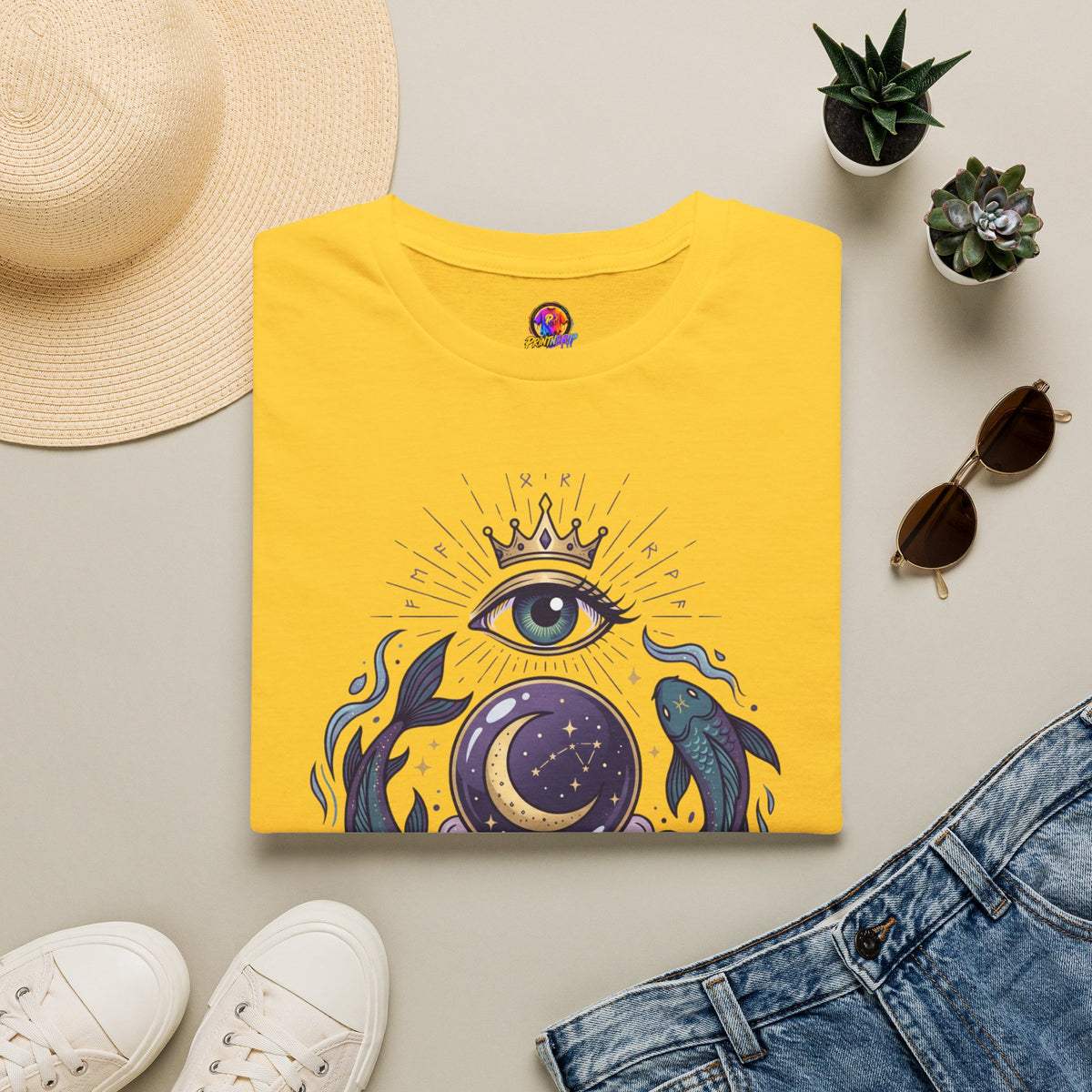 Pisces Mystic Eye T-Shirt — Witchy Astrology Moon & Crown Design