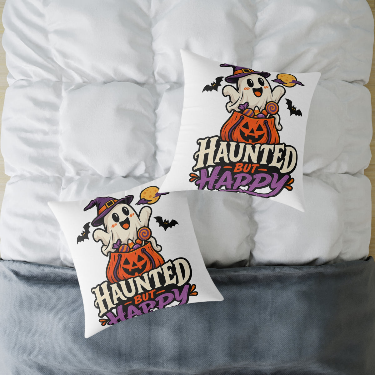 Halloween Ghost Pumpkin Pillow — "Haunted But Happy" Square Throw Pillow