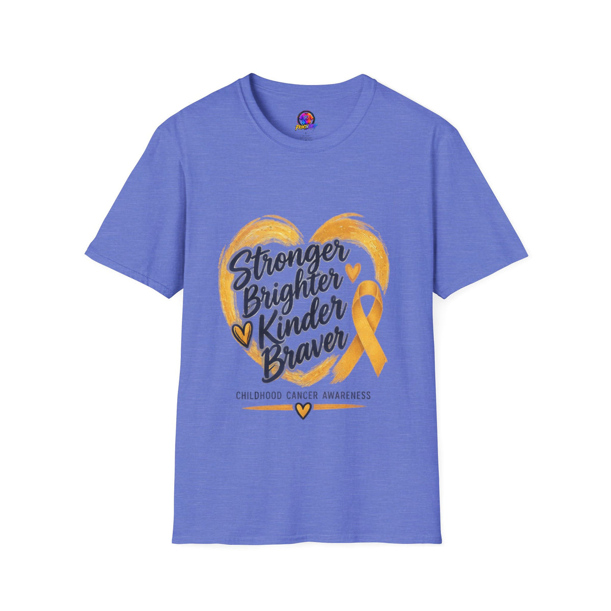 Childhood Cancer Awareness T-Shirt — "Stronger Brighter Kinder Braver" Gold Ribbon