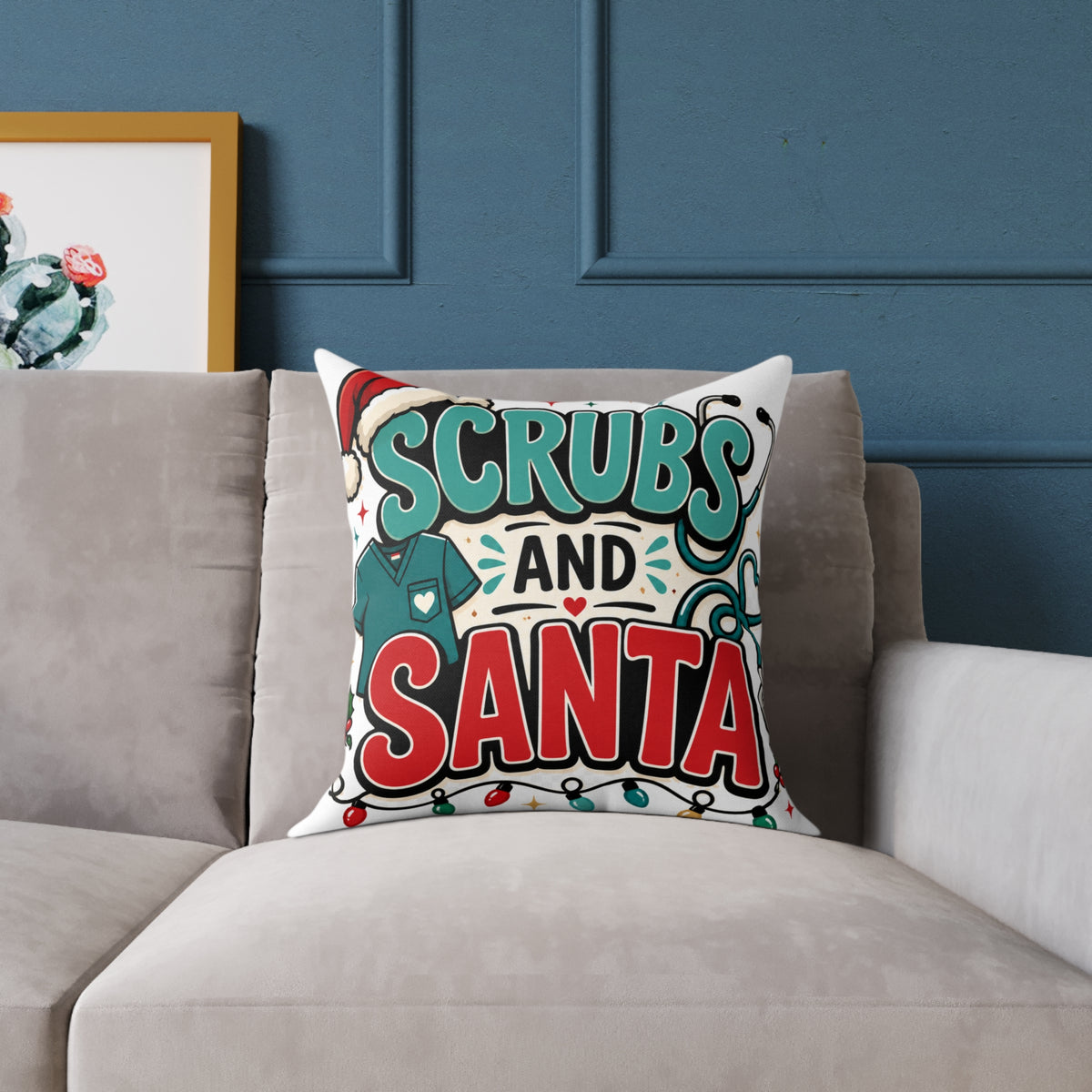 Scrubs and Santa Holiday Modern Day Christmas  Pillow — Christmas Nurse Decorative Cushion