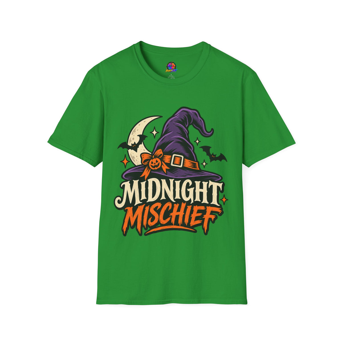 Midnight Mischief Halloween T-Shirt — Witch Hat & Bats Graphic