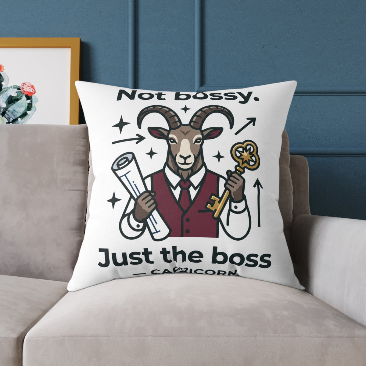 Capricorn Square Throw Pillow — “Not Bossy. Just the Boss” Goat Illustration