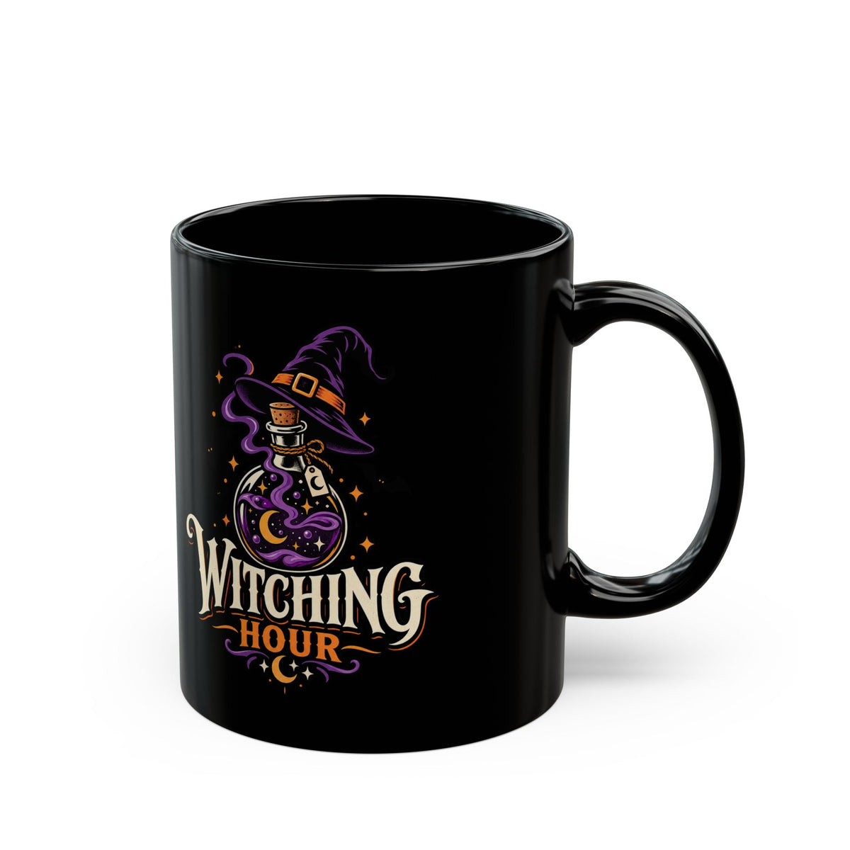 Witching Hour Black Mug — Spooky Halloween Witch Hat & Potion Coffee Cup (11oz/15oz)