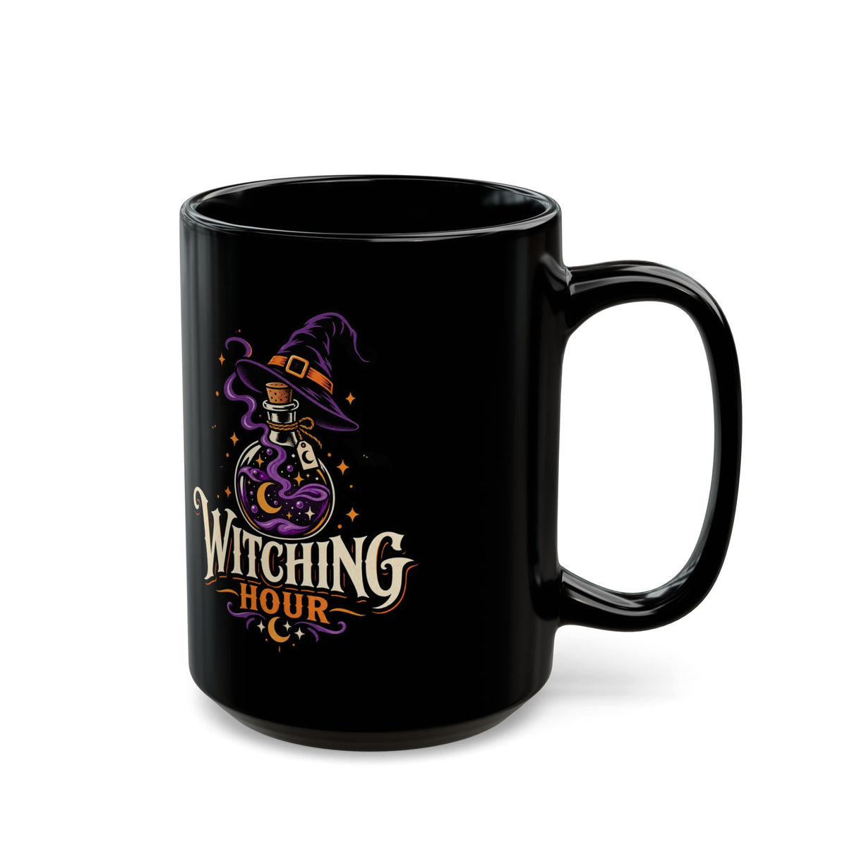 Witching Hour Black Mug — Spooky Halloween Witch Hat & Potion Coffee Cup (11oz/15oz)