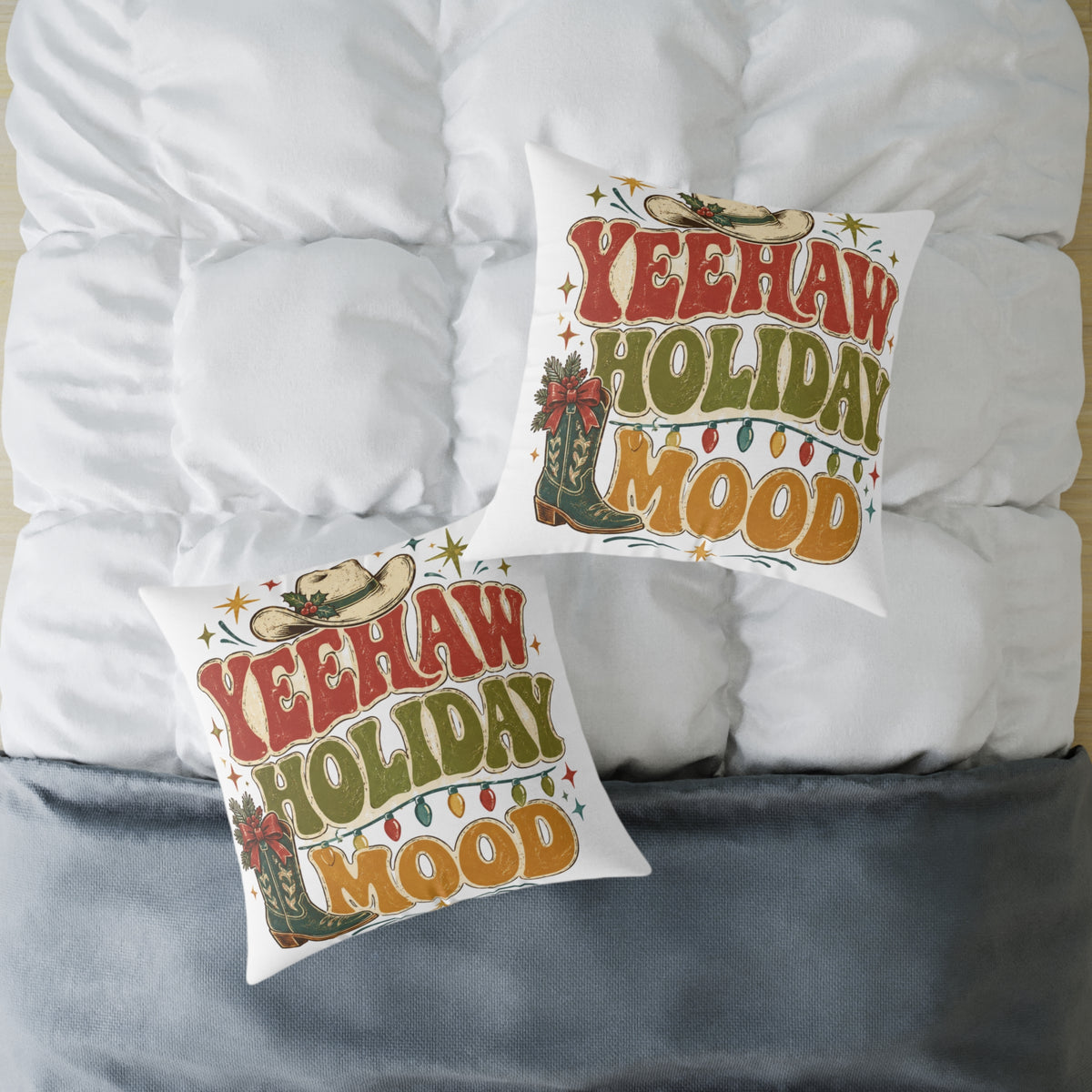 Christmas Square Pillow — "Yeehaw Holiday Mood" Western Christmas Decorative Throw Pillow