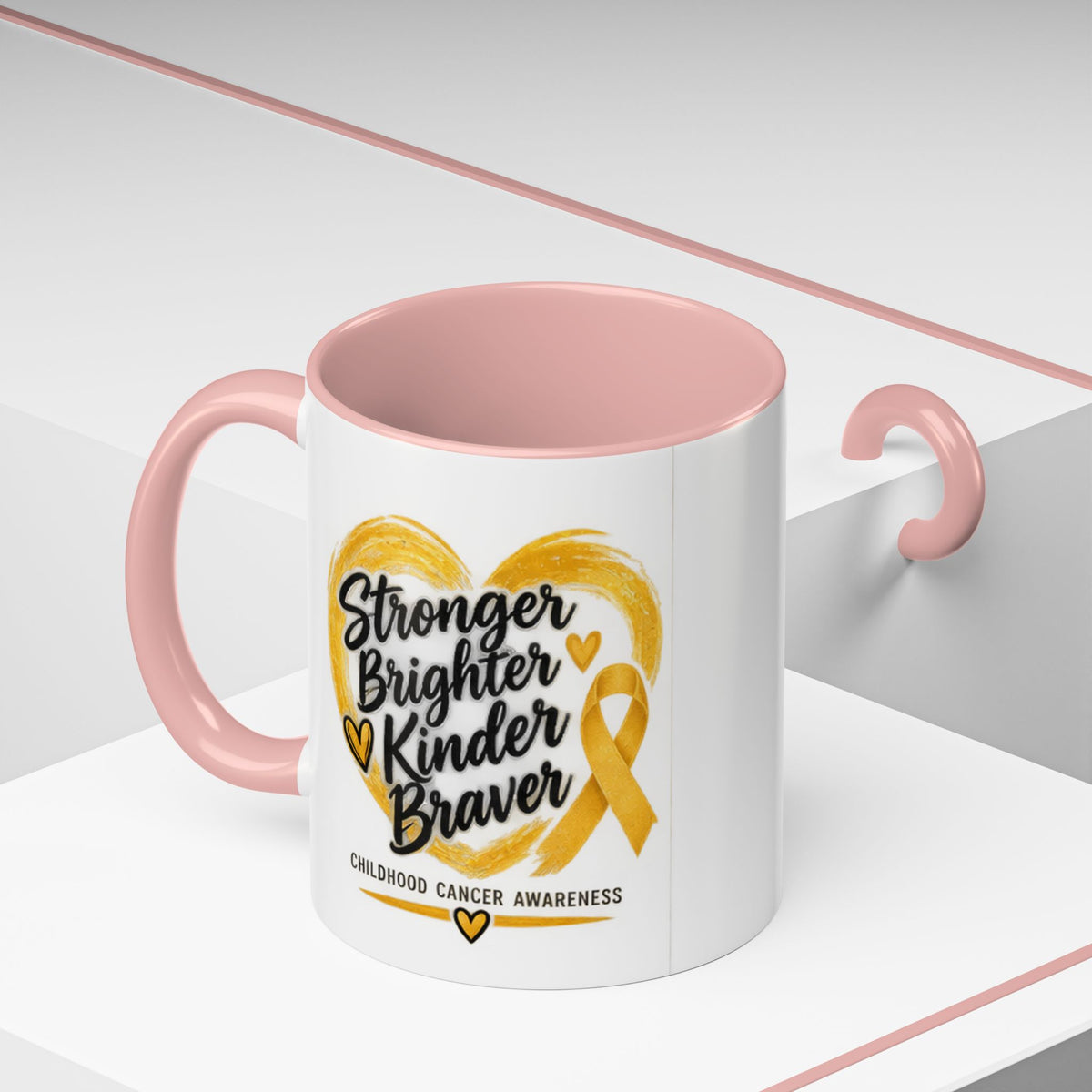 Childhood Cancer Awareness Accent Coffee Mug — "Stronger Brighter Kinder Braver"