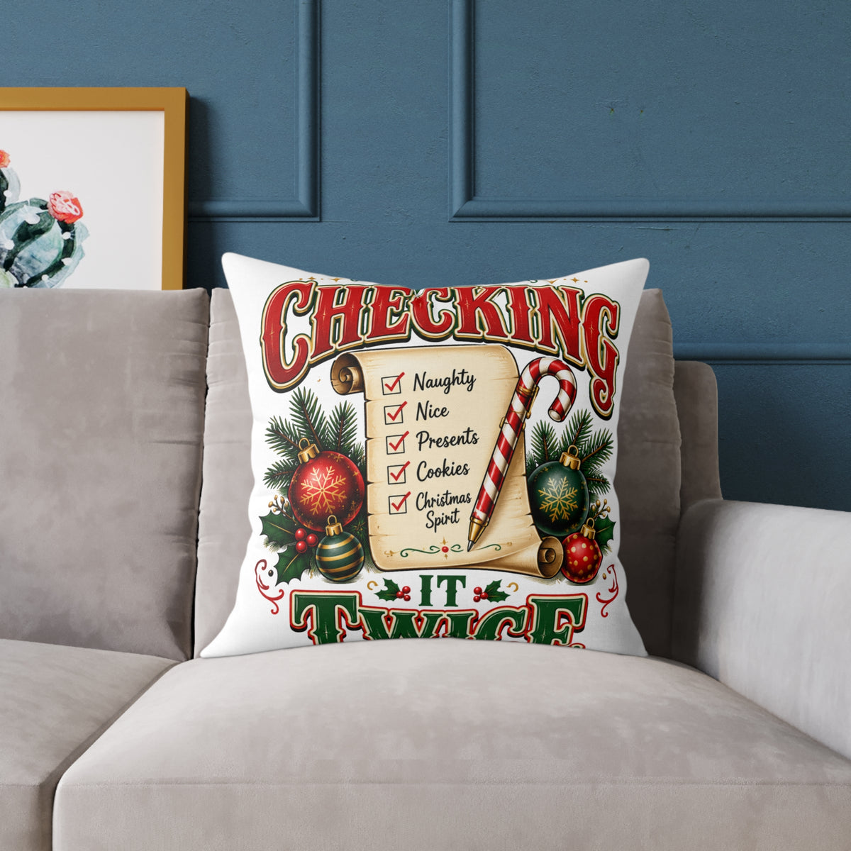 Christmas Checking It Twice Square Poly Canvas Pillow